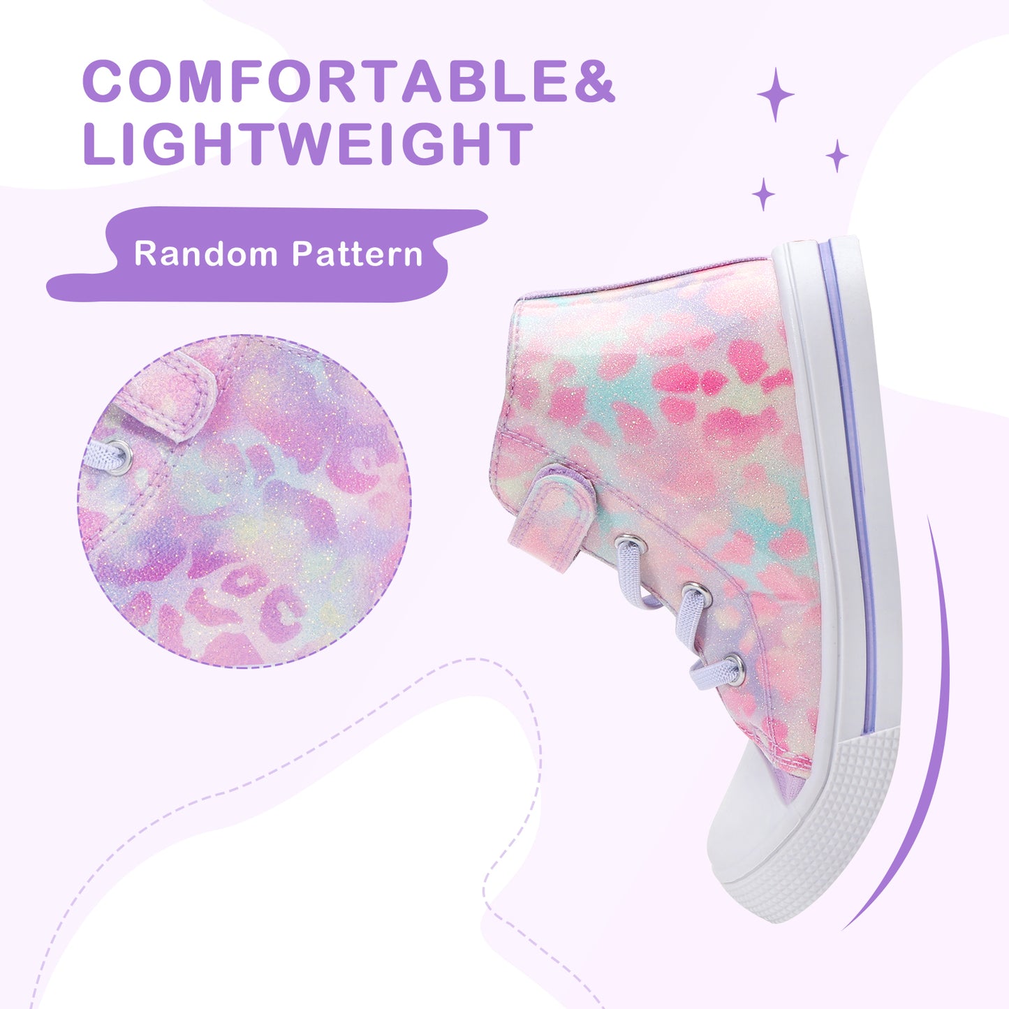 colorful patterned shoe with text 'comfortable & lightweight' and 'random pattern' on a white background.