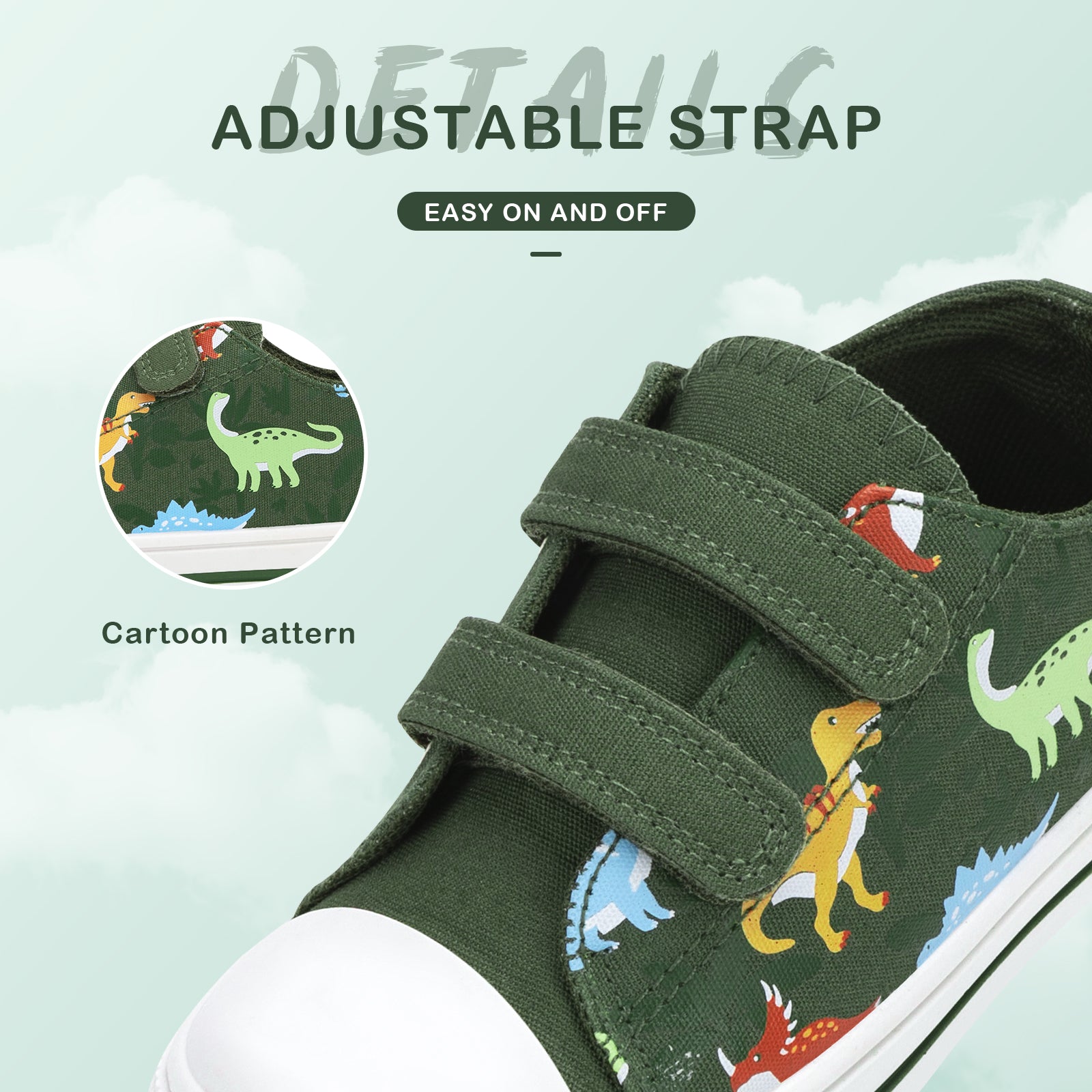Green children's shoes with dinosaur pattern and adjustable strap on a light blue background