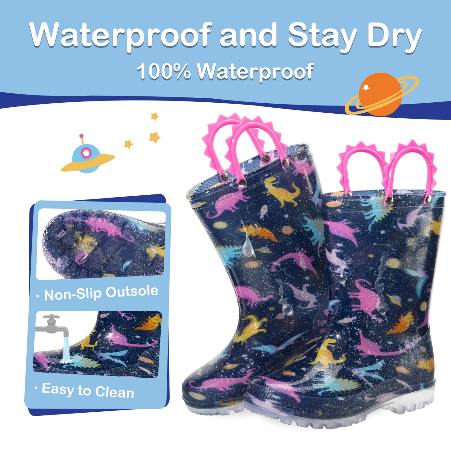 girls' space dinosaur light up waterproof rain boots