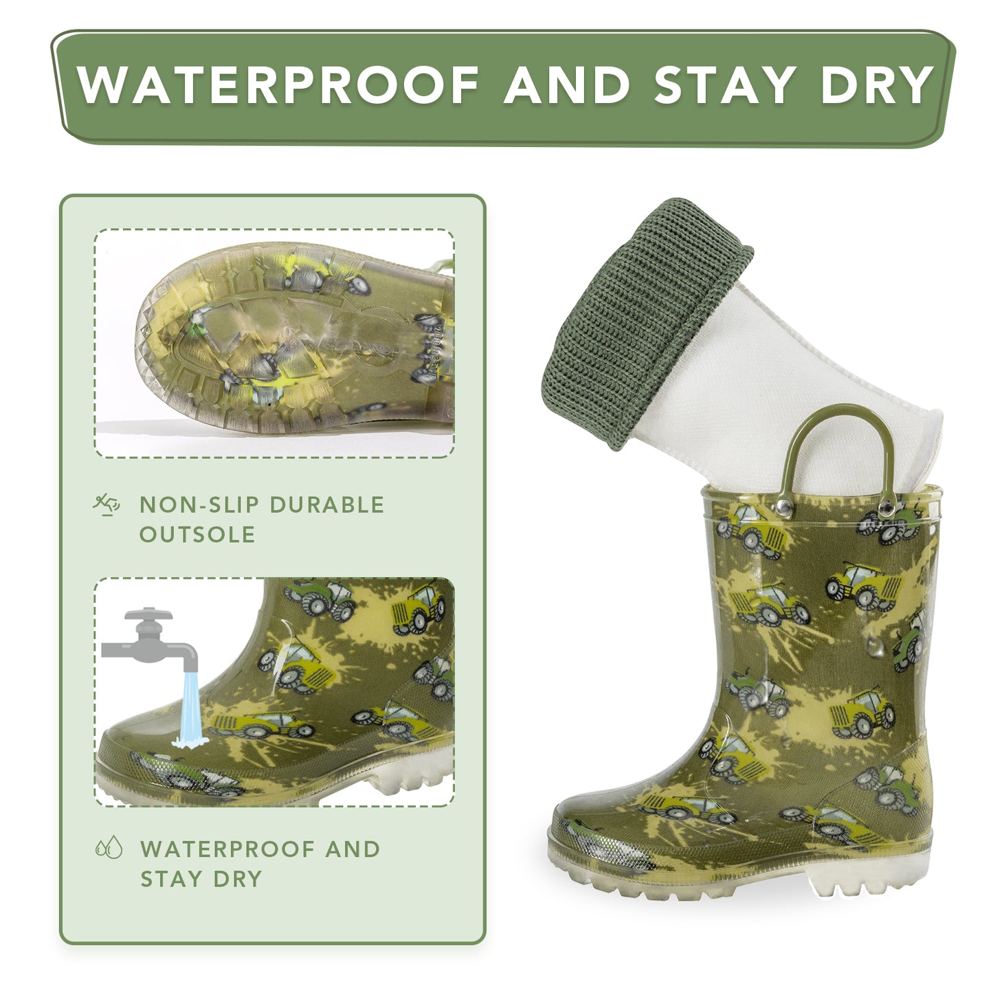 kid toddler warm rain boots tractor