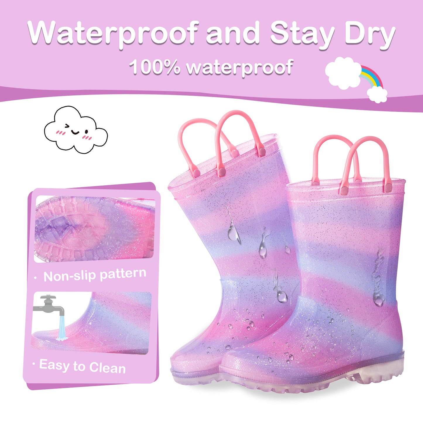 light up pink-purple gradient rain boots