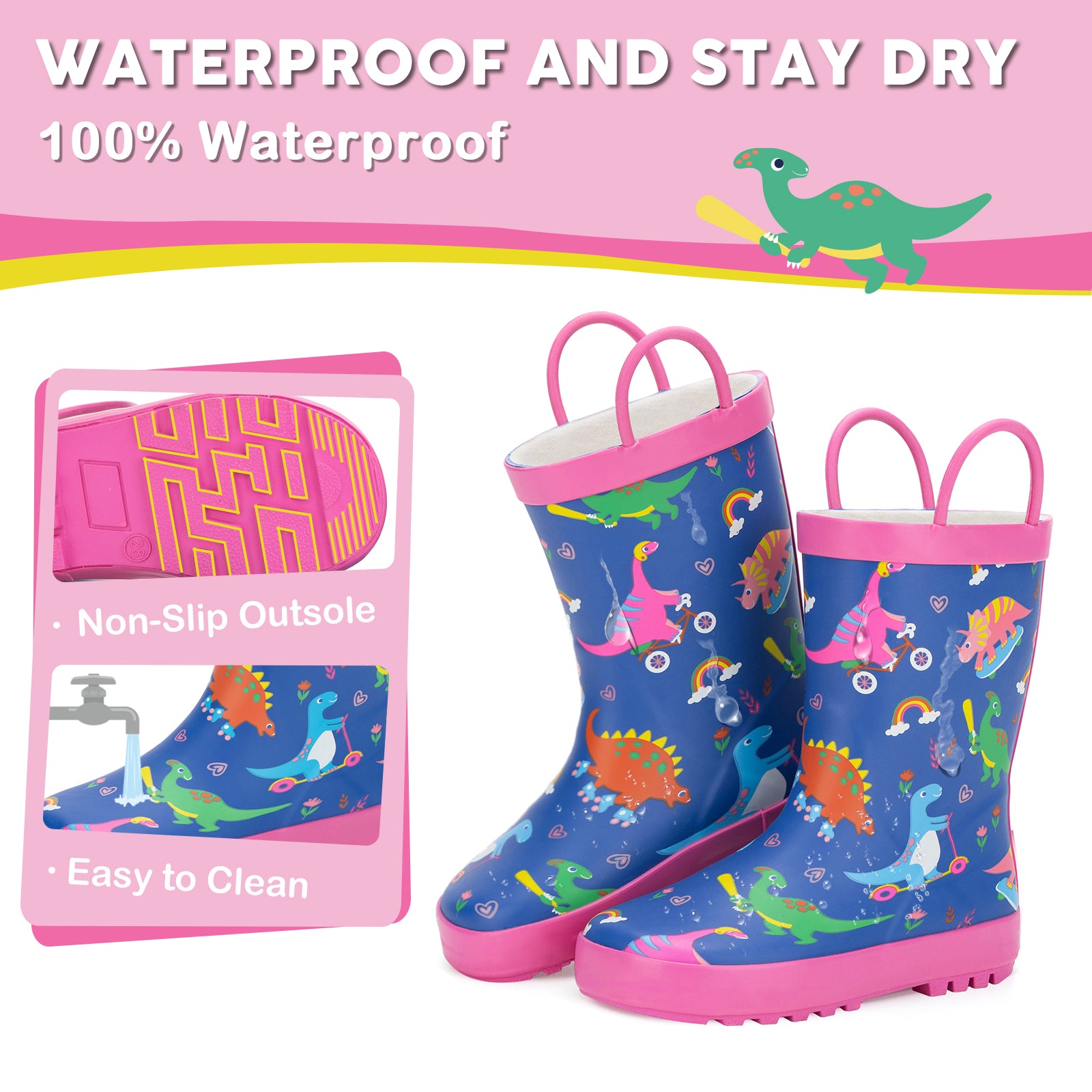 Toddler Kids  Girl Dinosaur Outdoor Sports Rubber Rain Boots