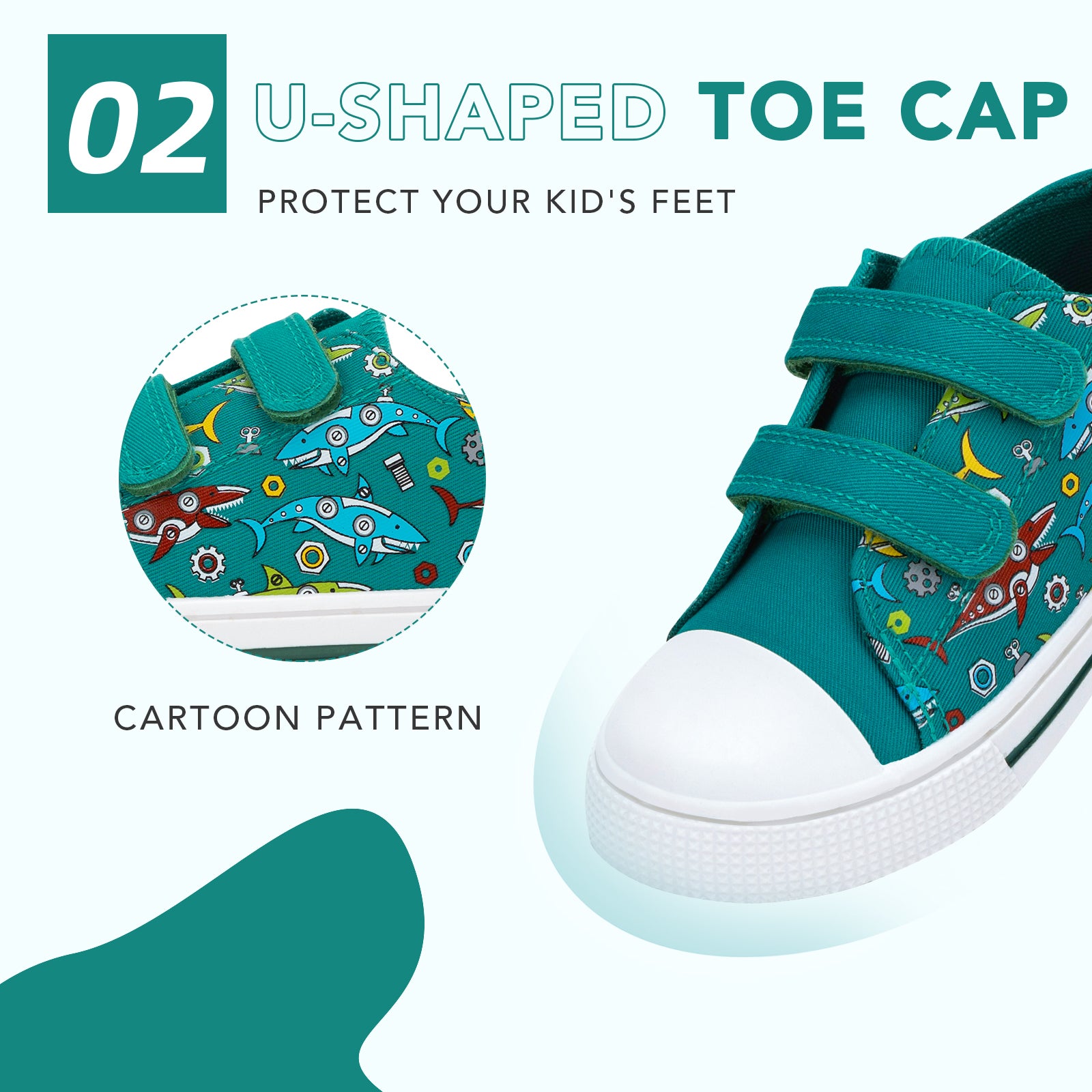 Teal children's sneakers with cartoon pattern and U-shaped toe cap feature on a light green background.