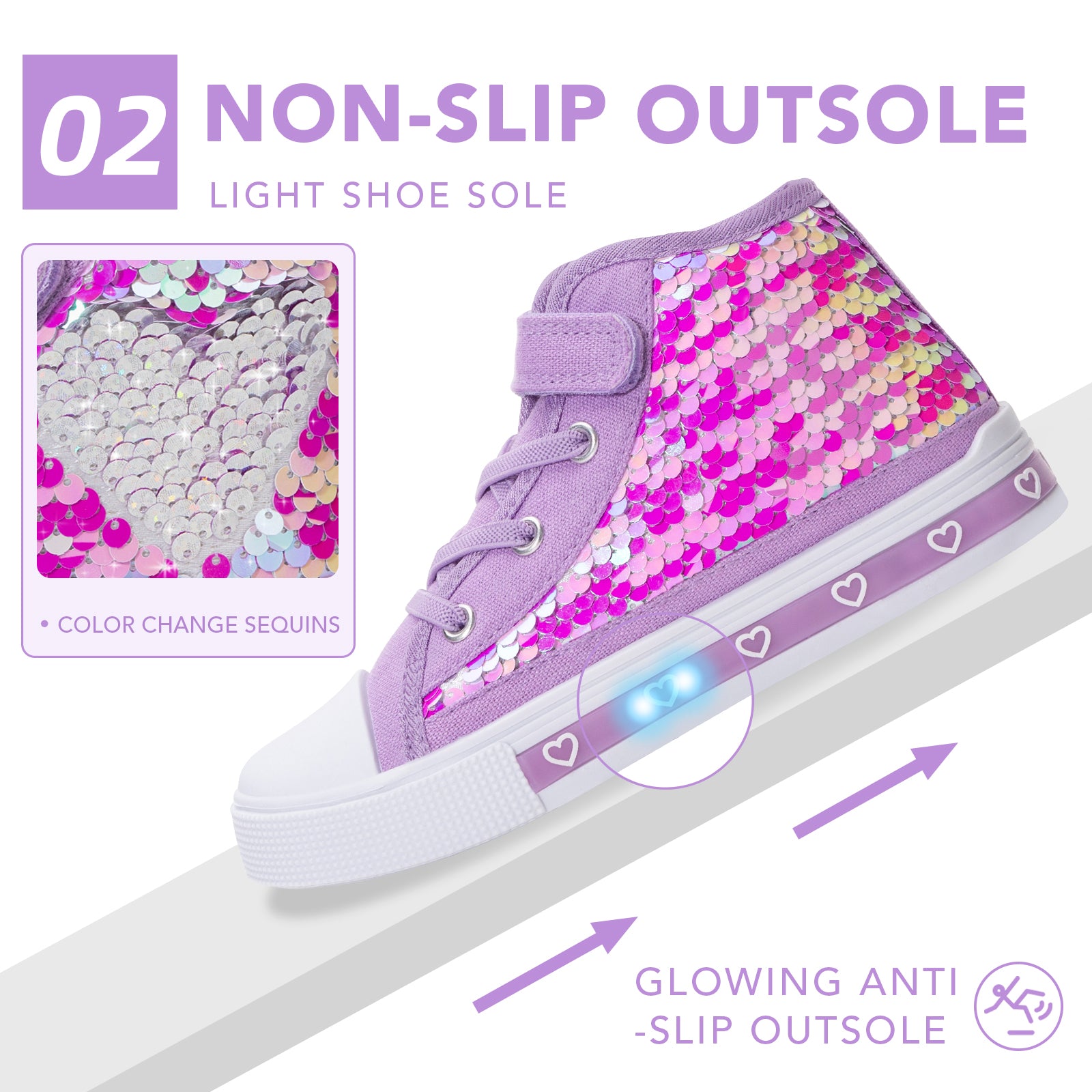 Purple high-top sneaker with colorful sequins and glowing sole on a white background