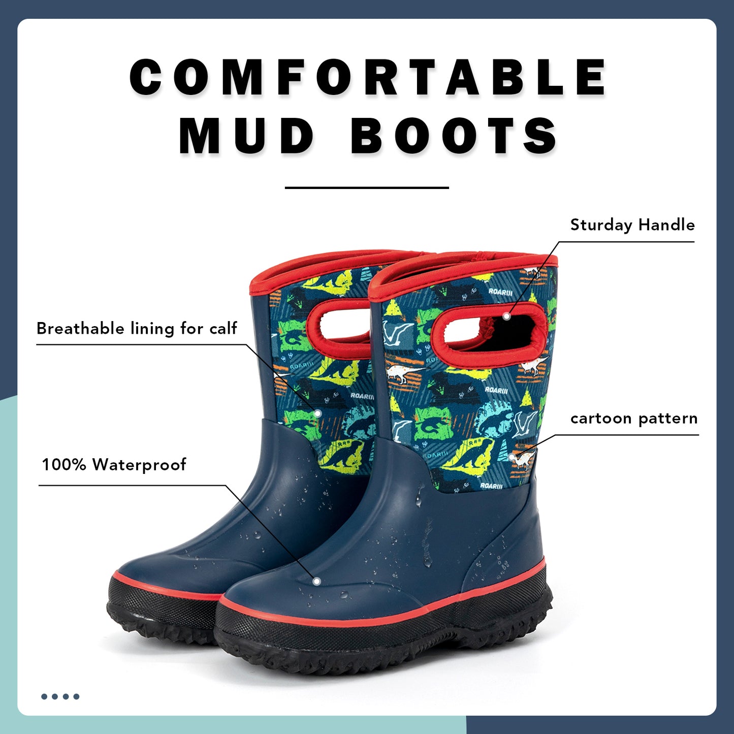 red blue dinosaur mud boots