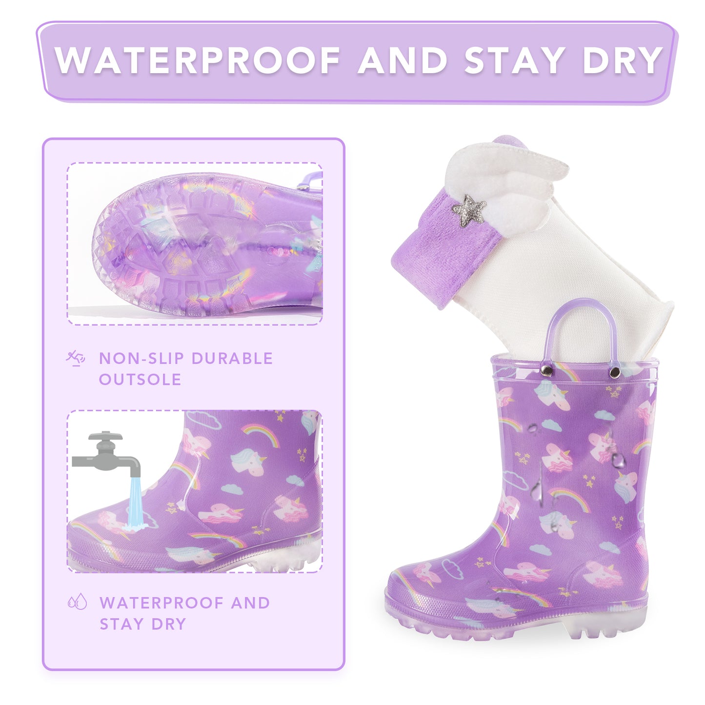kid toddler warm rain boots purple unicorni