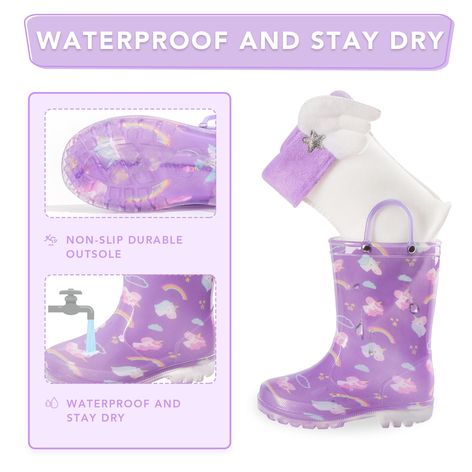 Kid Toddler Warm Rain Boots Purple Unicorni