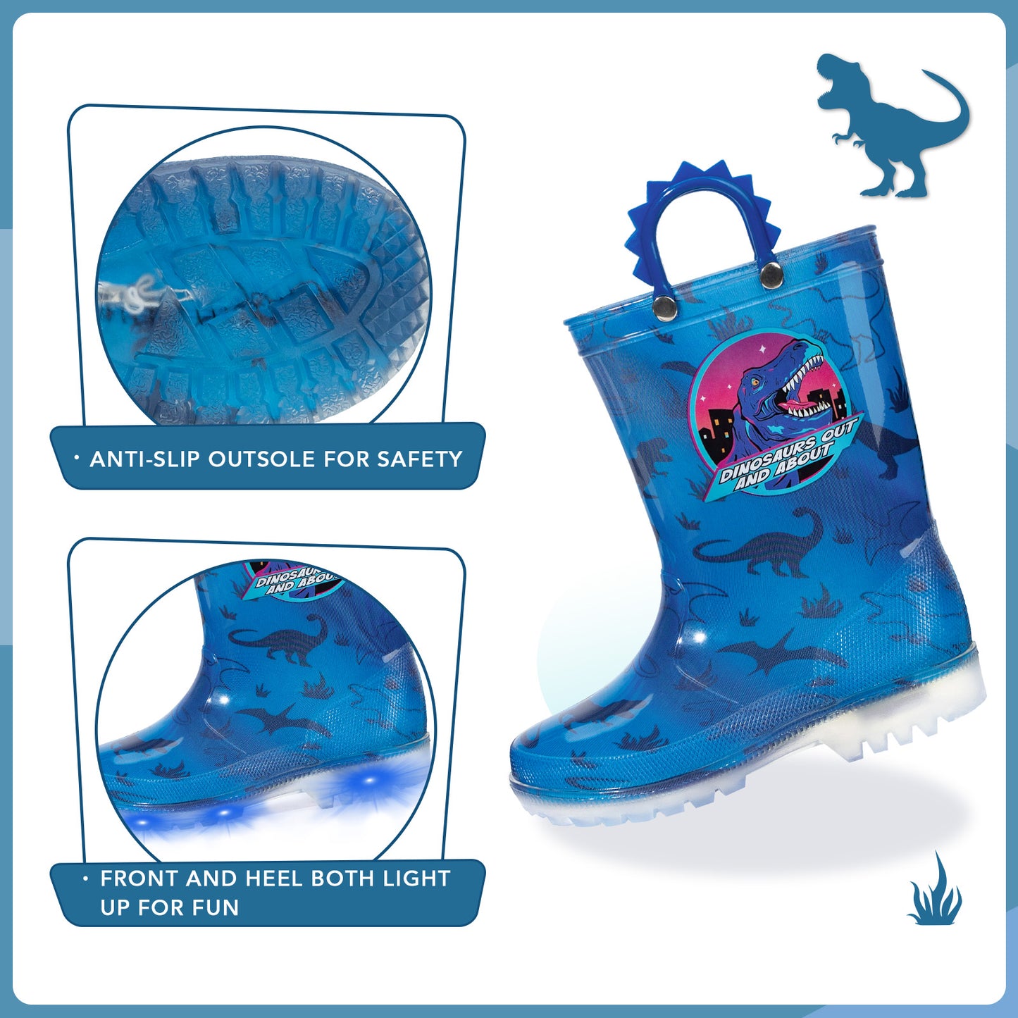 light up rain boots blue dinosaur with handles