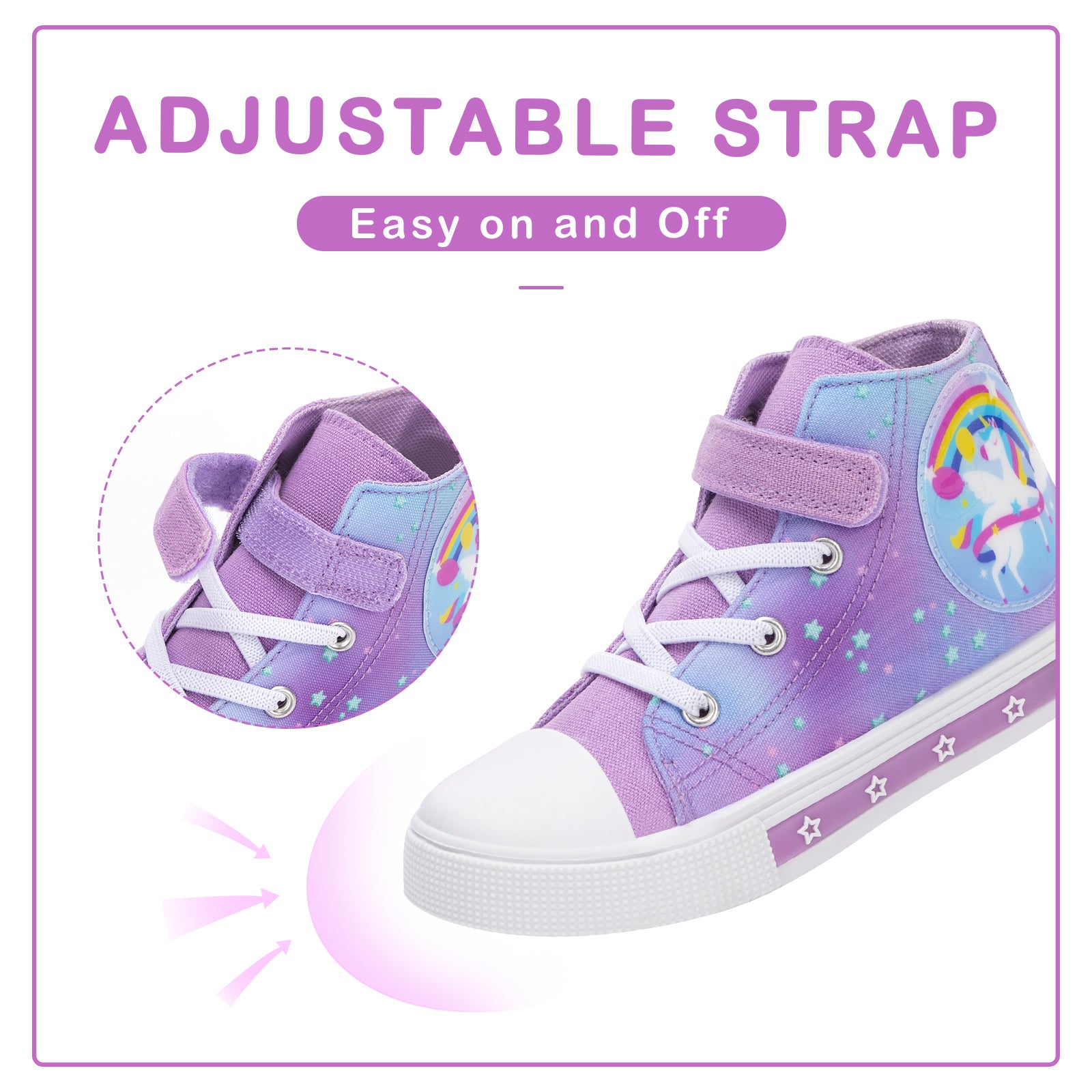 Purple high-top sneakers with a unicorn design and adjustable strap feature on a white background.