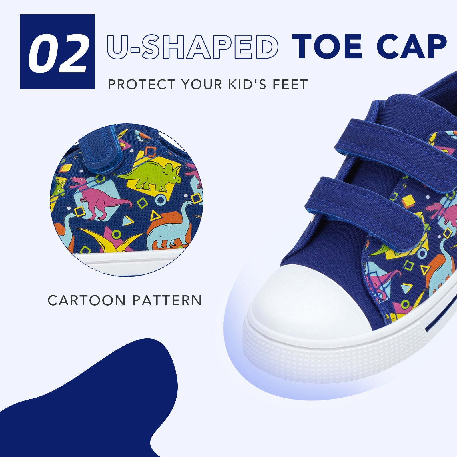 Children's blue sneakers with cartoon pattern and u-shaped toe cap on a white background