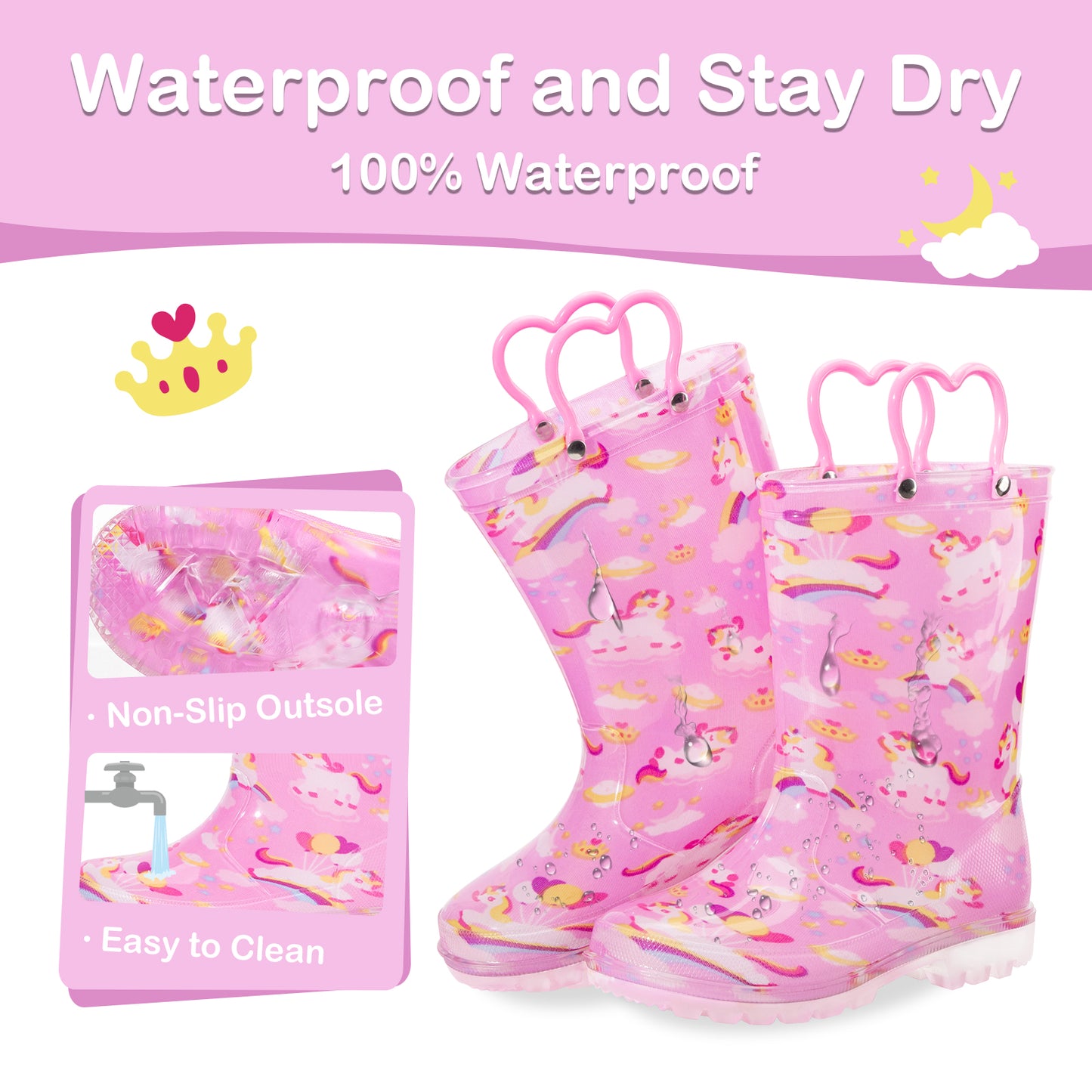 pink cloud unicorn light up waterproof rain boots