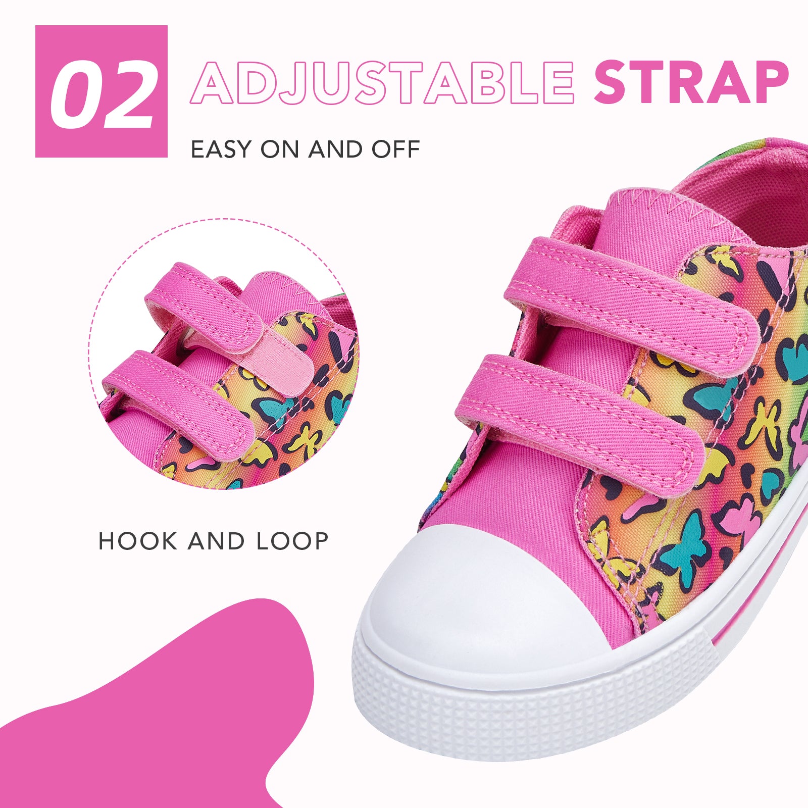 Pink children's shoe with adjustable strap and butterfly pattern on a white background