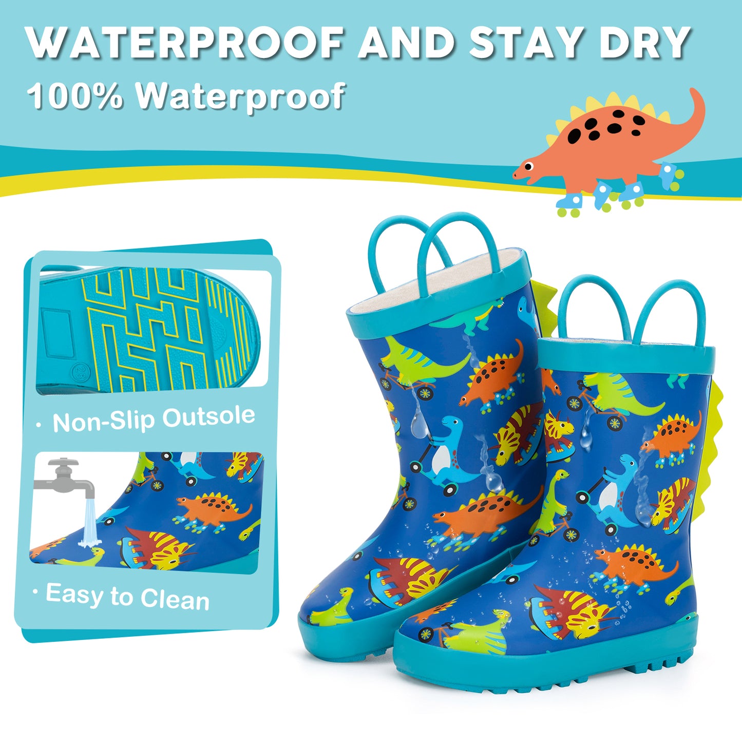 toddler kids boys dinosaur outdoor sports rubber rain boots