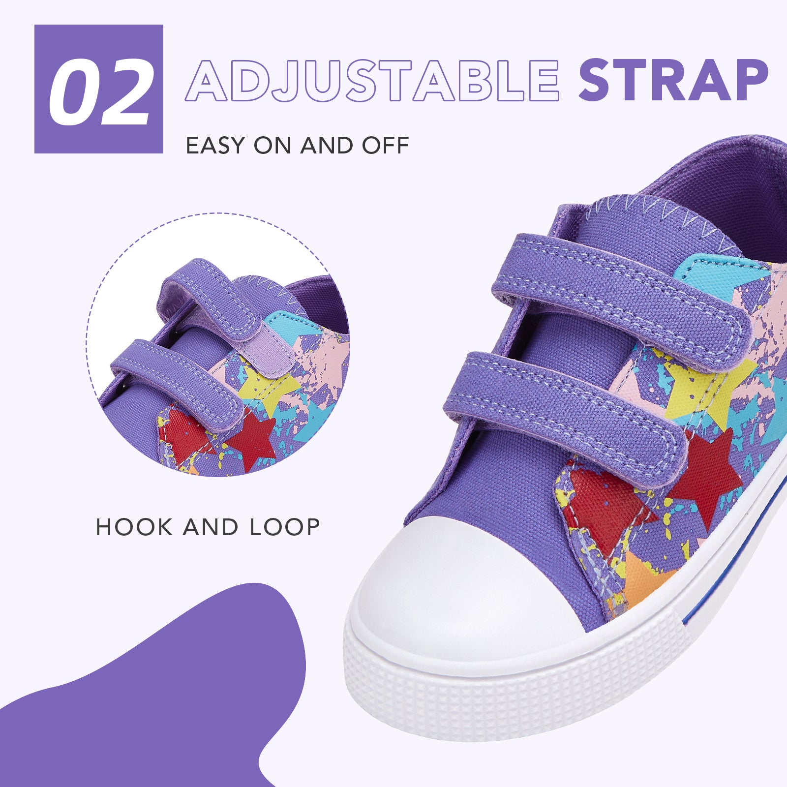 Purple children's shoe with star pattern and adjustable strap on a light purple background