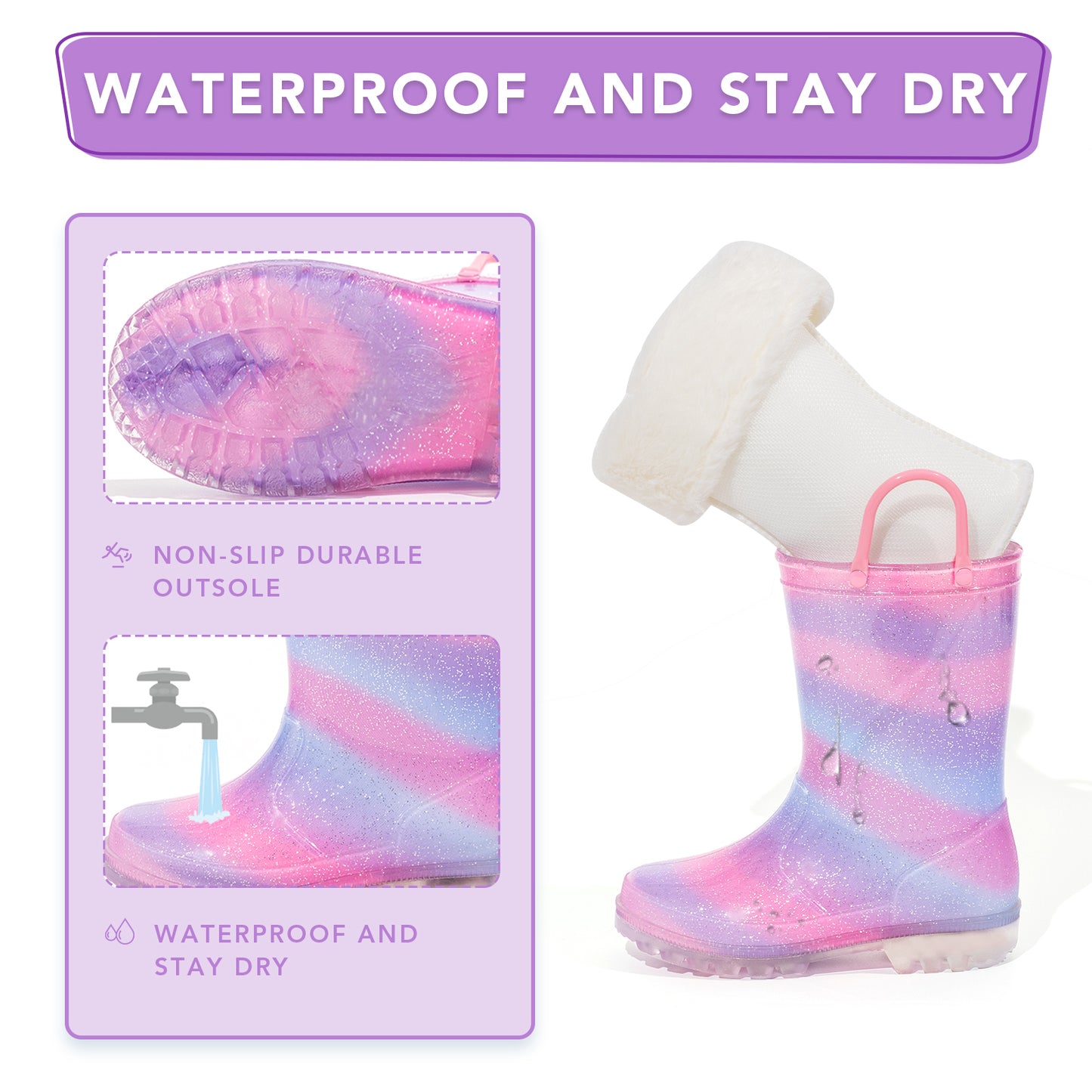 kid toddler warm rain boots purple vermicelli