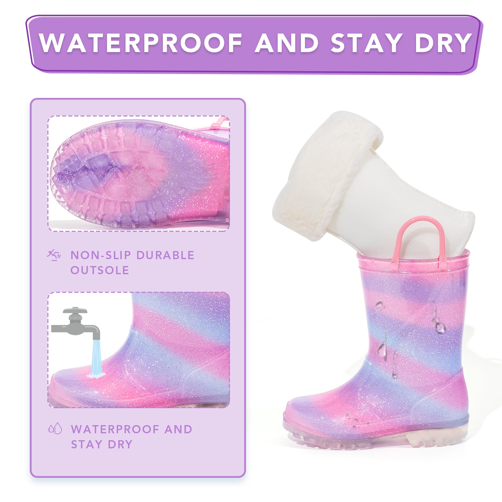 Kid Toddler Warm Rain Boots Purple Vermicelli