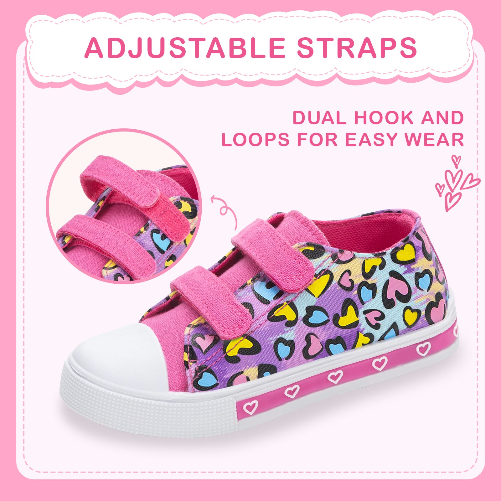 Children's shoe with colorful pattern and pink straps on a pink background
