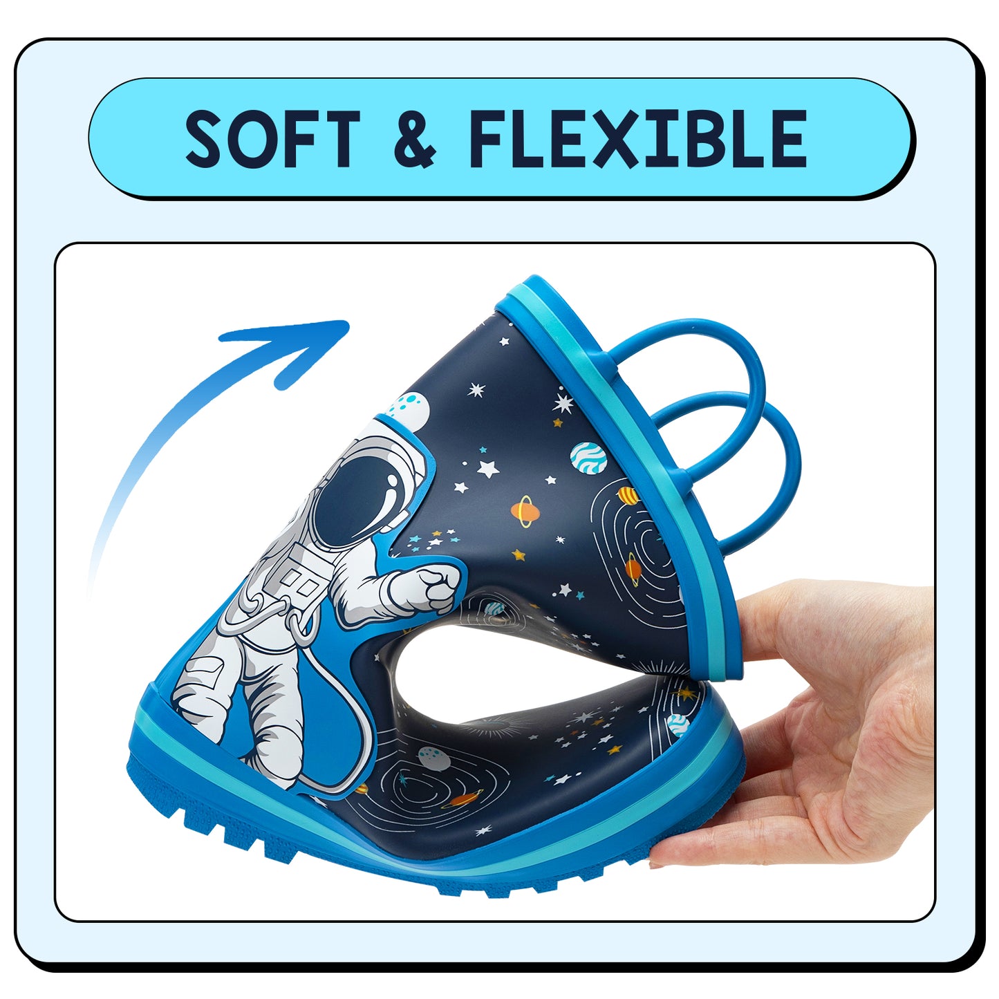 children's shoe with space design and astronaut illustration, held by a hand, on a light blue background with 'soft & flexible' text.