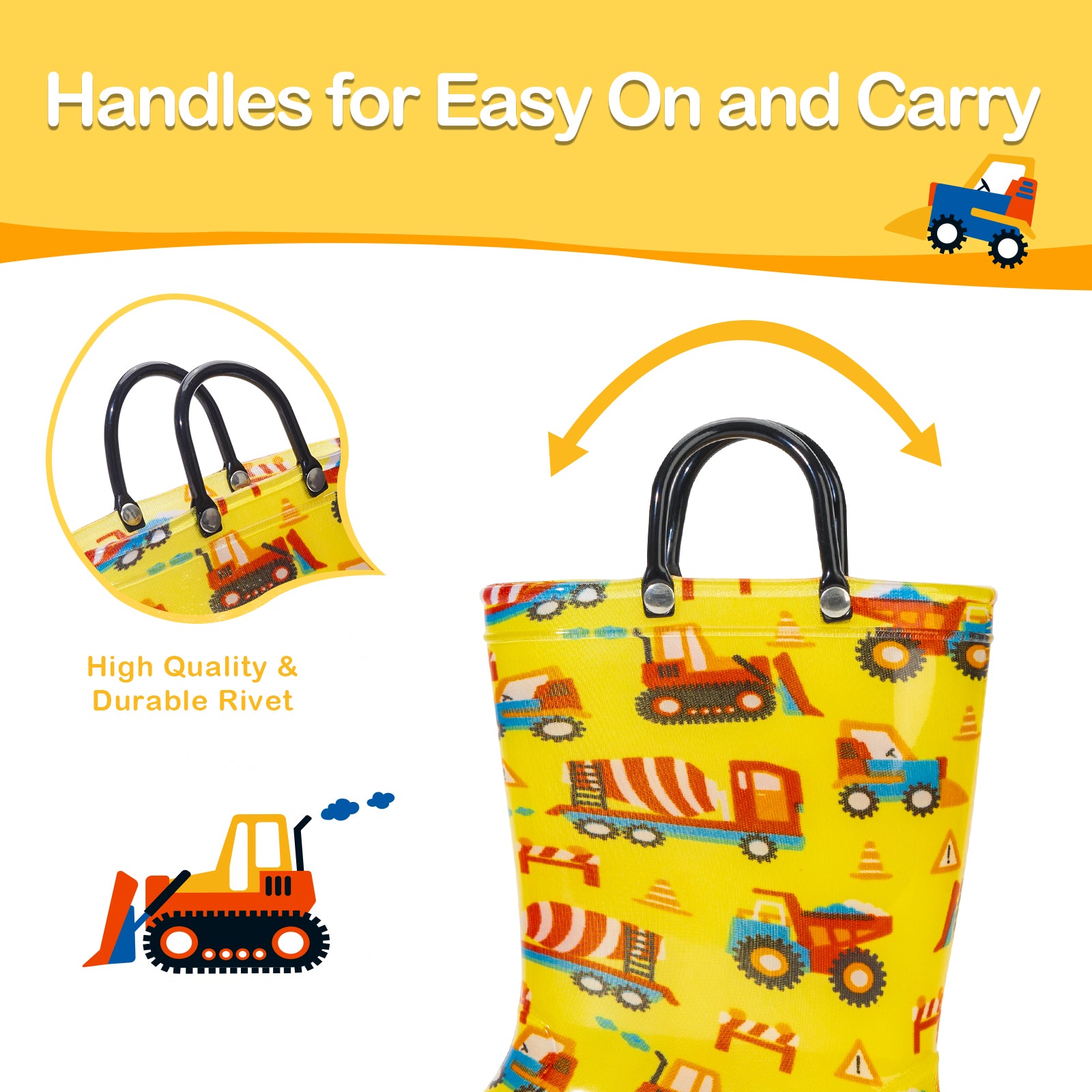 Yellow bag with construction vehicle pattern and handles for easy on and carry, on a yellow background.