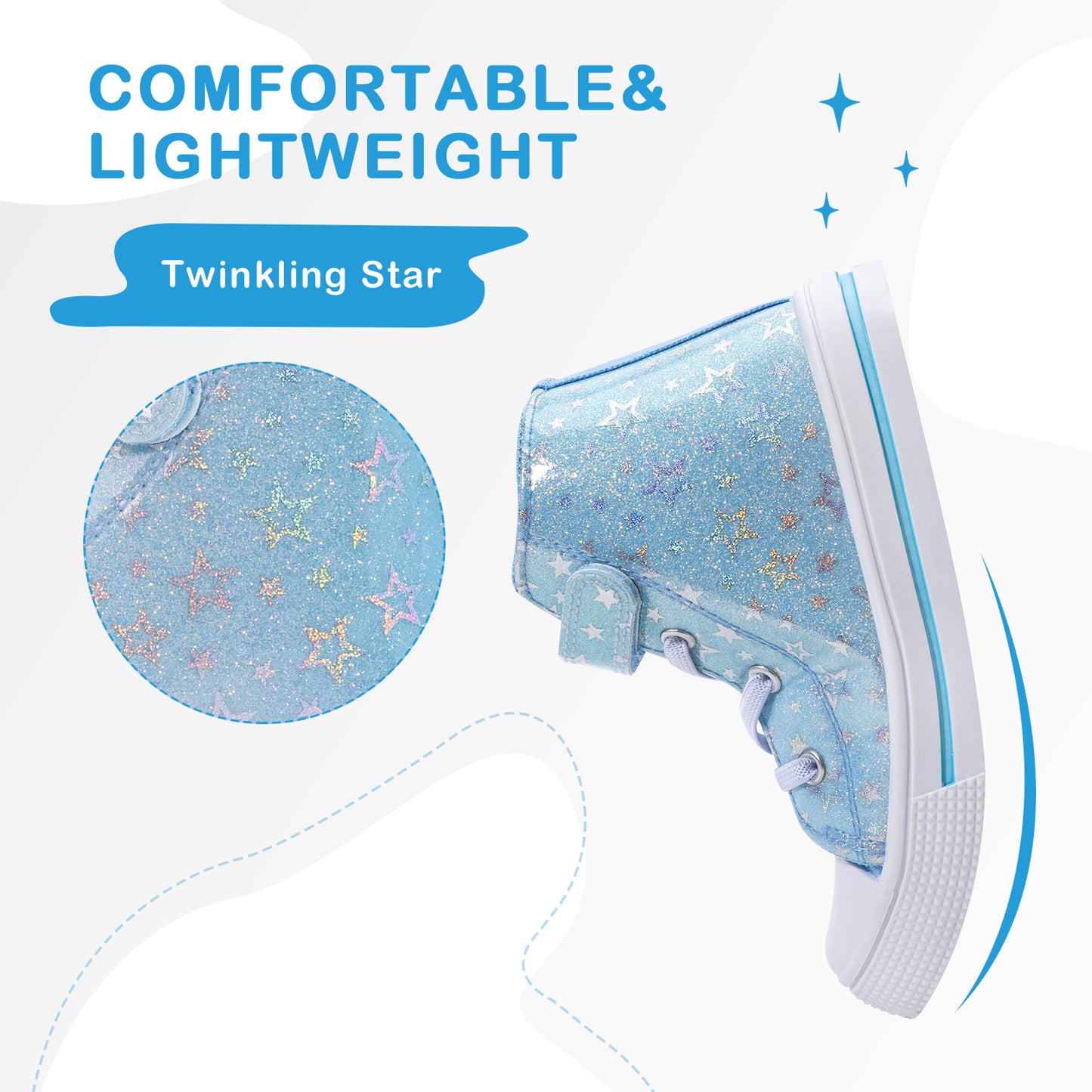light blue shoe with star pattern and text 'comfortable & lightweight twinkling star' on a white background