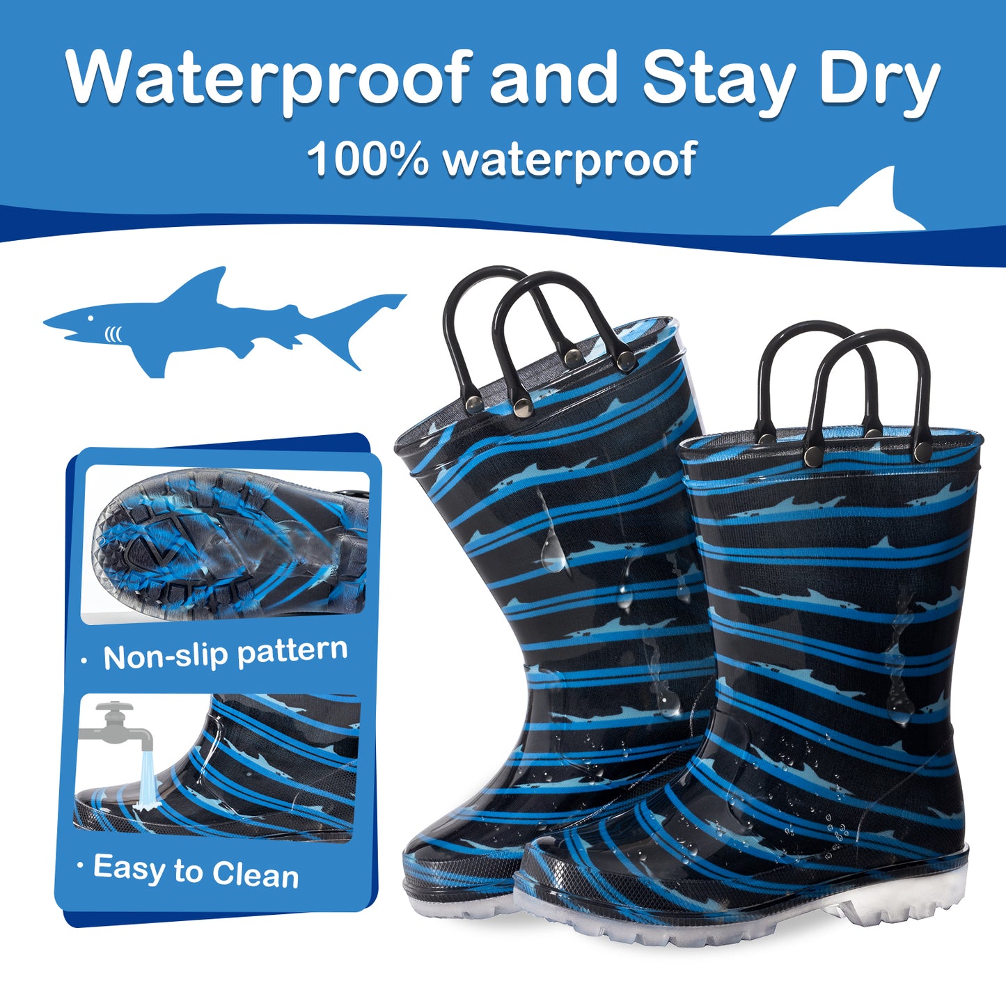 light up blue black shark rain boots