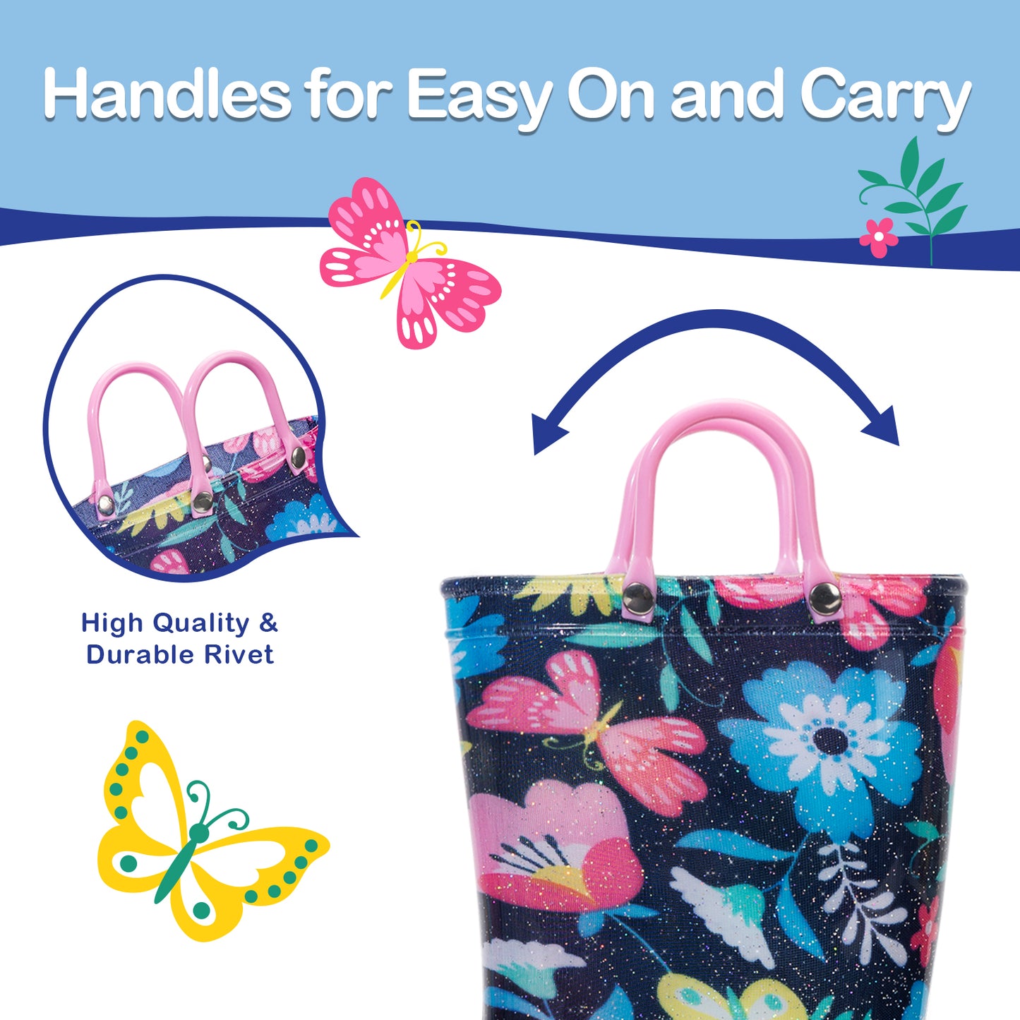 floral-patterned bag with handles and butterfly illustrations on a blue background