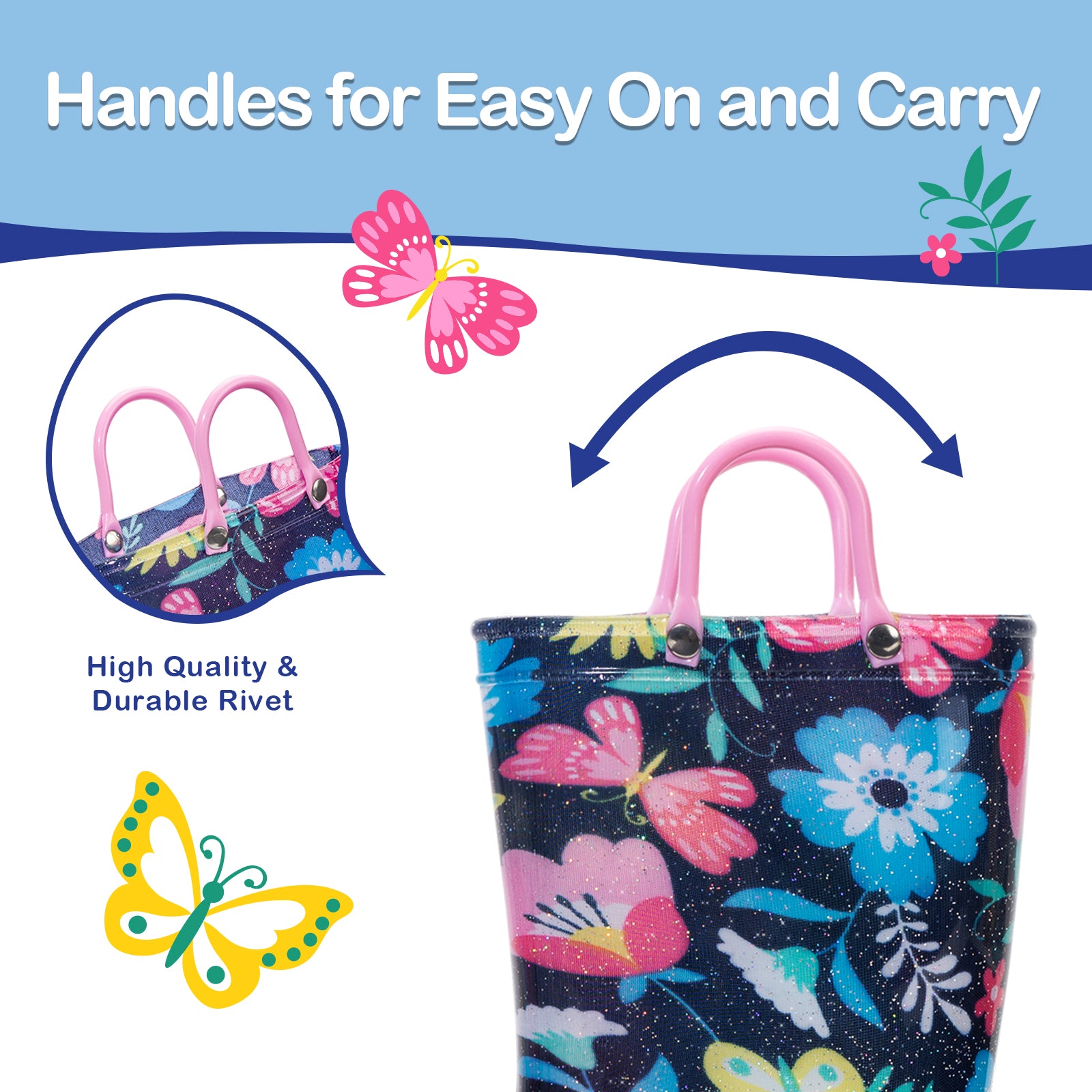 Floral-patterned bag with handles and butterfly illustrations on a blue background