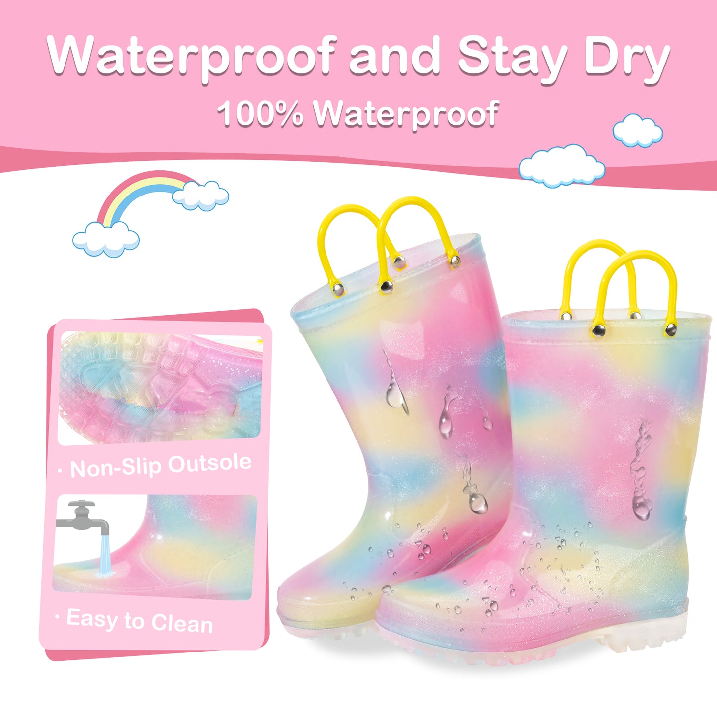 yellow powder smudge light up waterproof rain boots