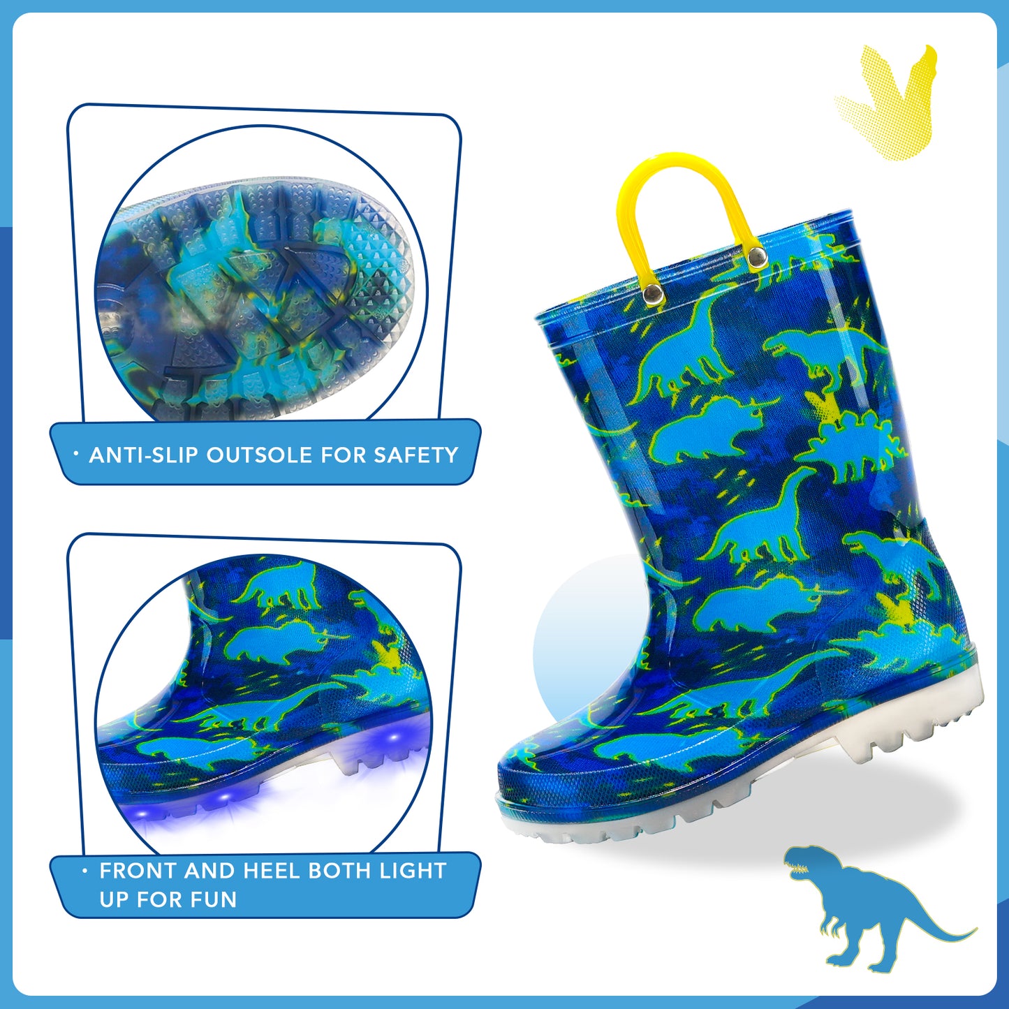 blue dinosaur light up waterproof rain boots