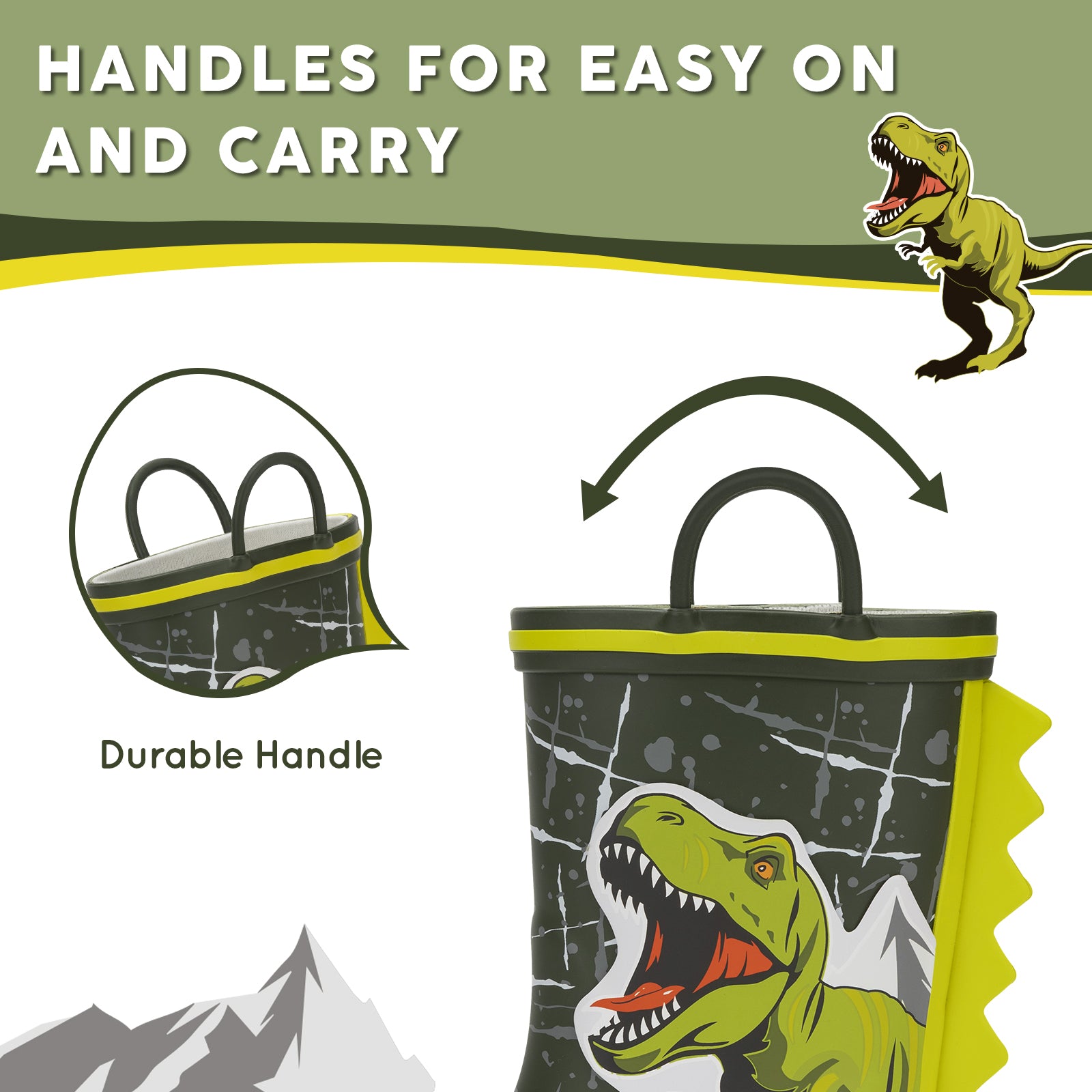 Children's rain boots with dinosaur design and handles for easy on and carry, set against a mountainous background.