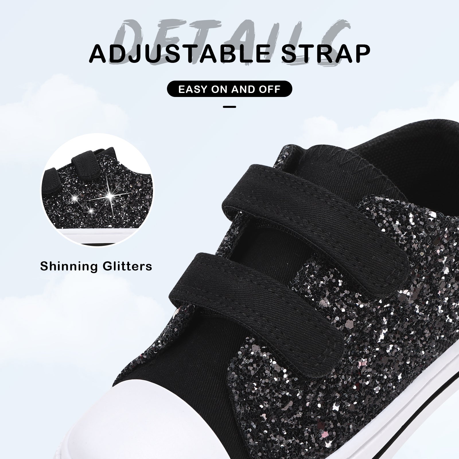 Black glitter sneaker with adjustable strap on a light gray background