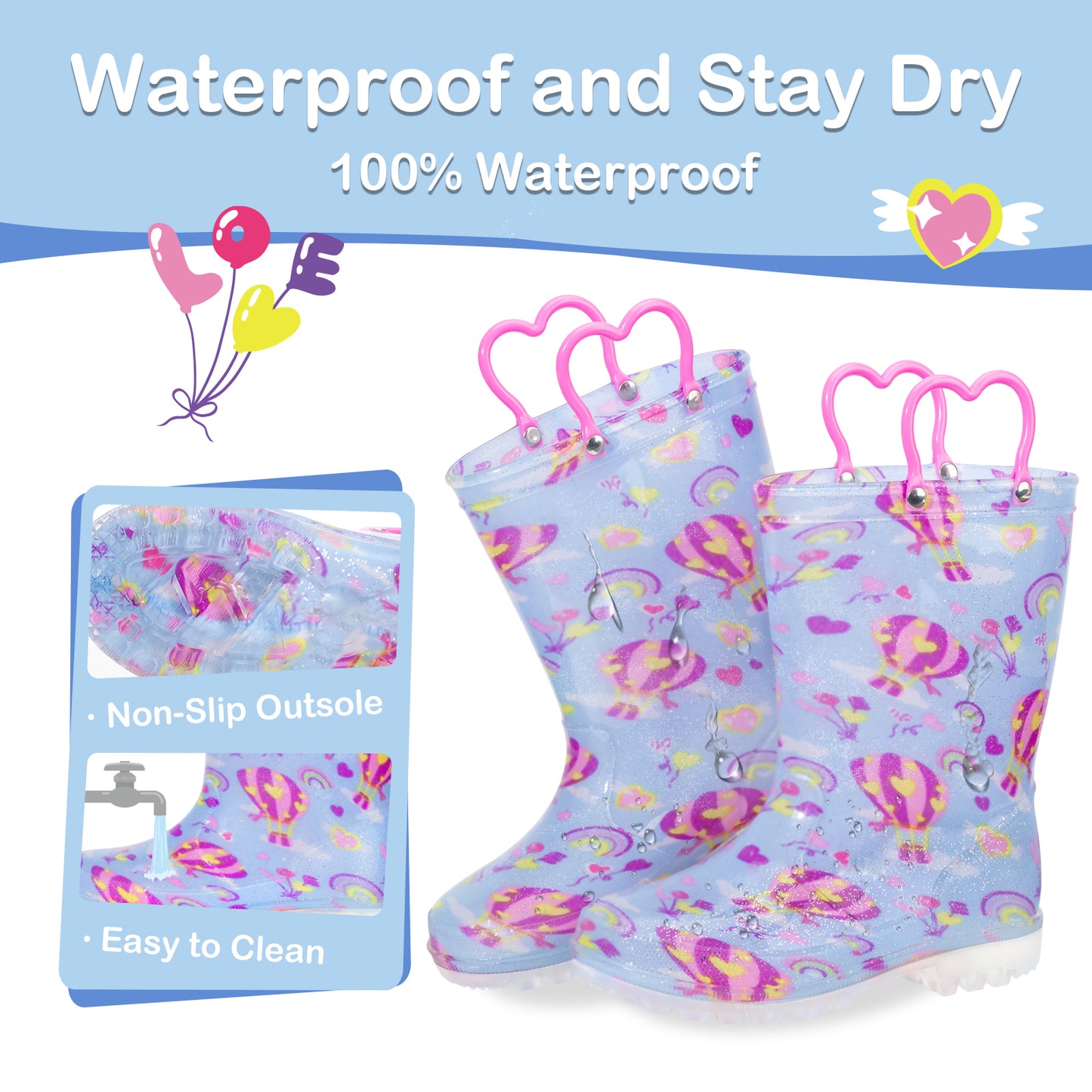 blue hot air balloon light up waterproof rain boots