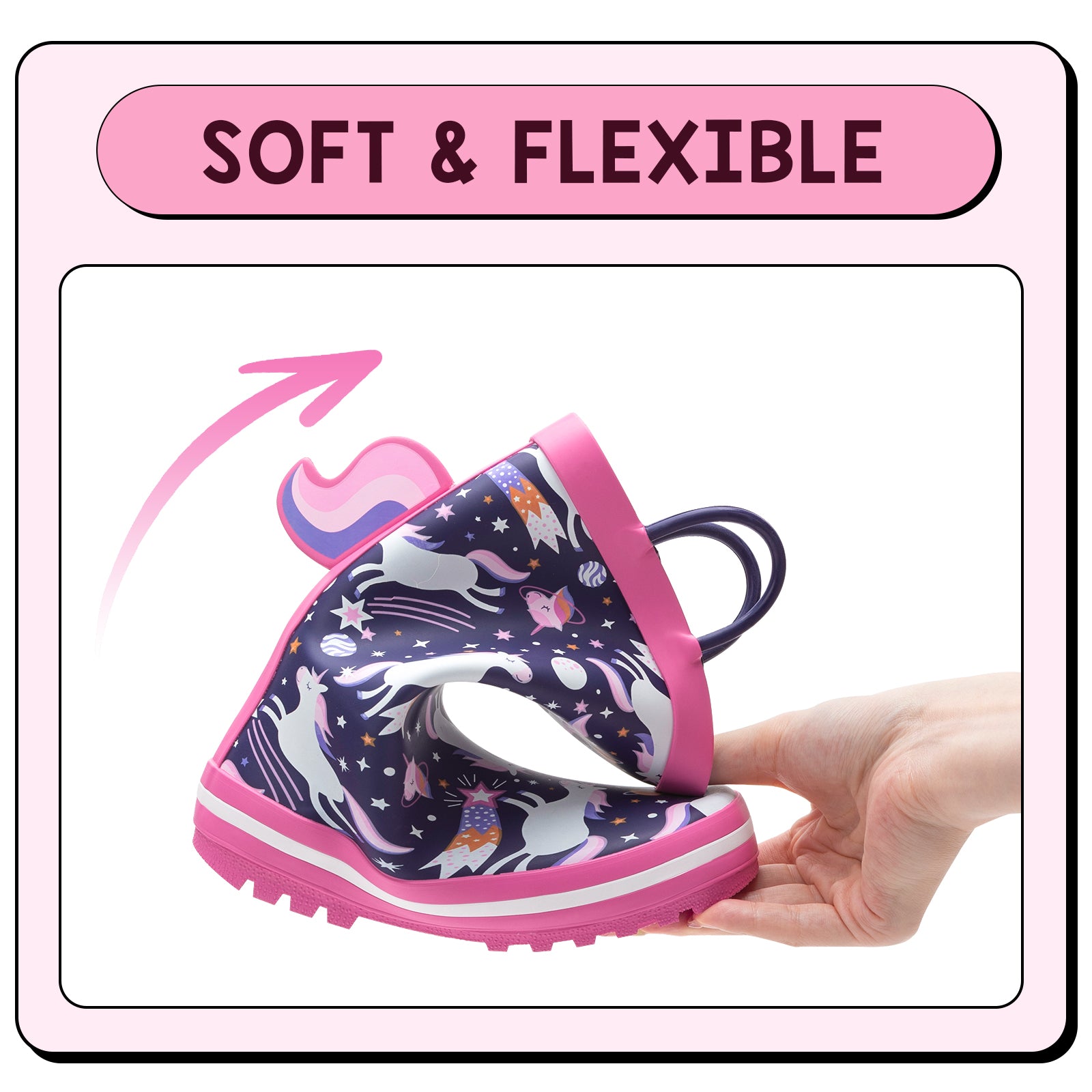Pink and purple rain boot with a hand holding it open, labeled 'Soft & Flexible'.