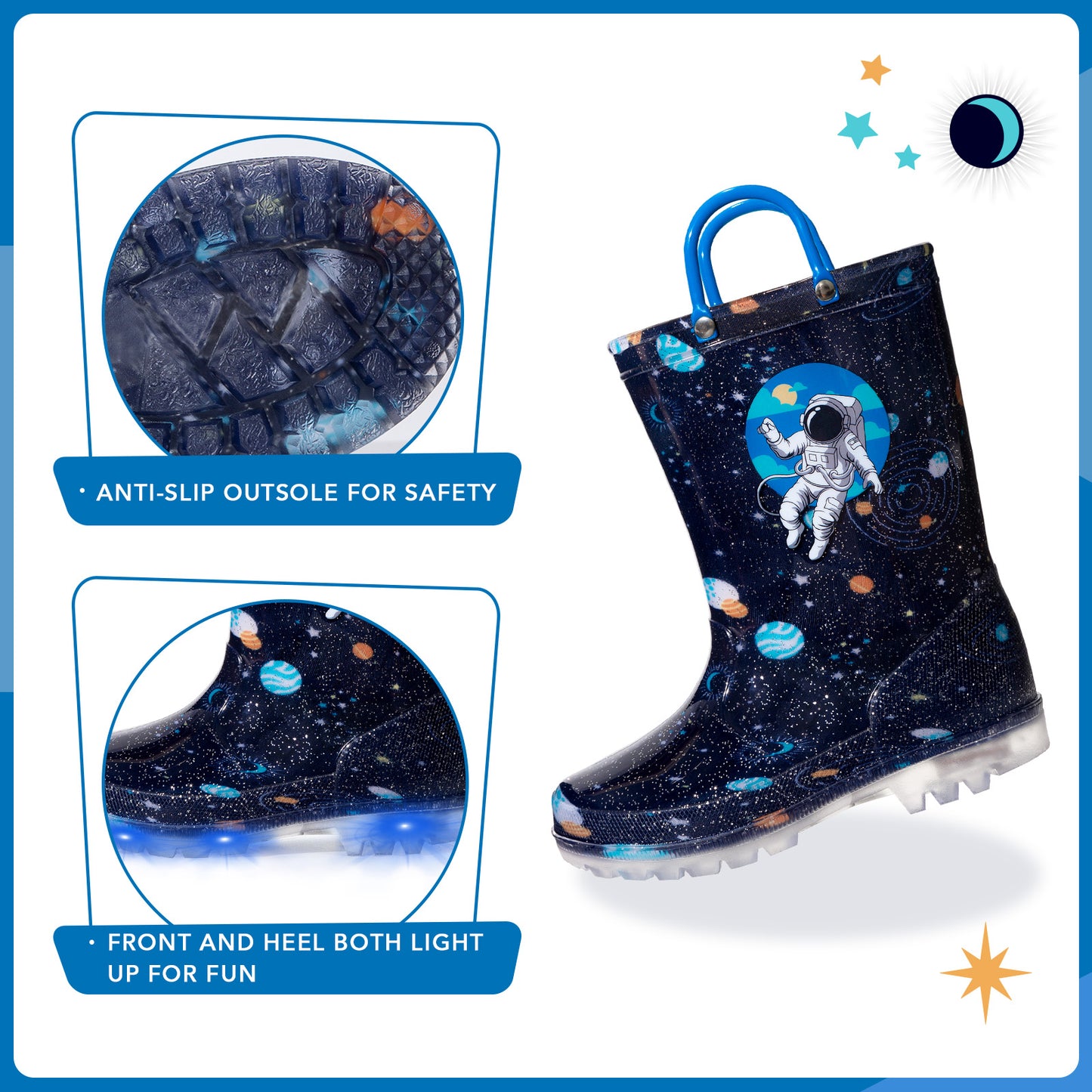 space-themed rain boot with astronaut design, anti-slip sole, and light-up feature on a blue background.