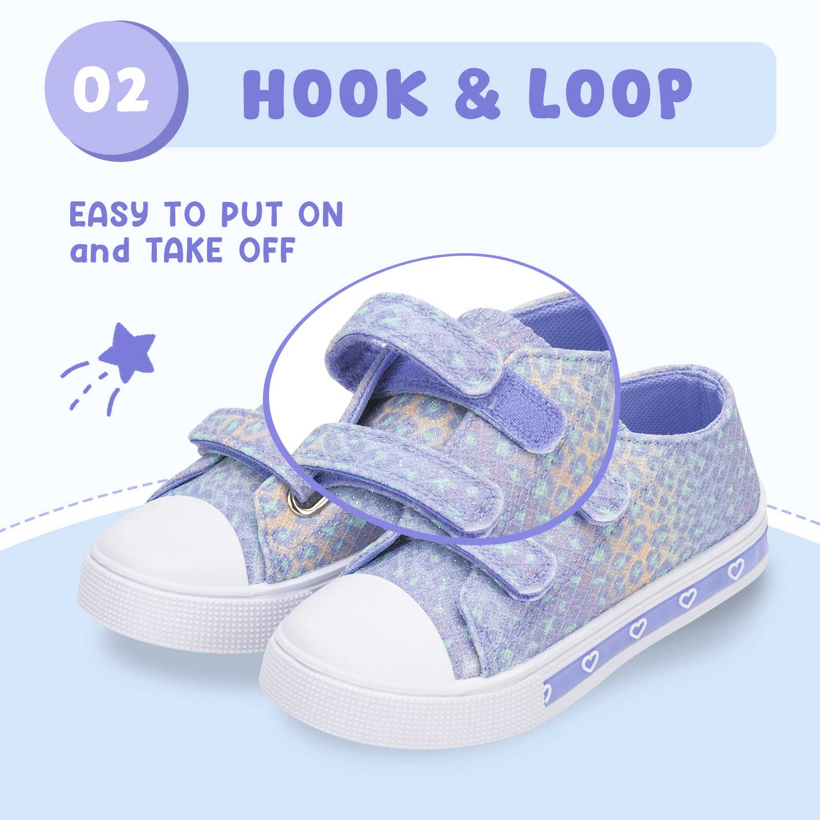Children's sneakers with hook and loop straps on a light blue background