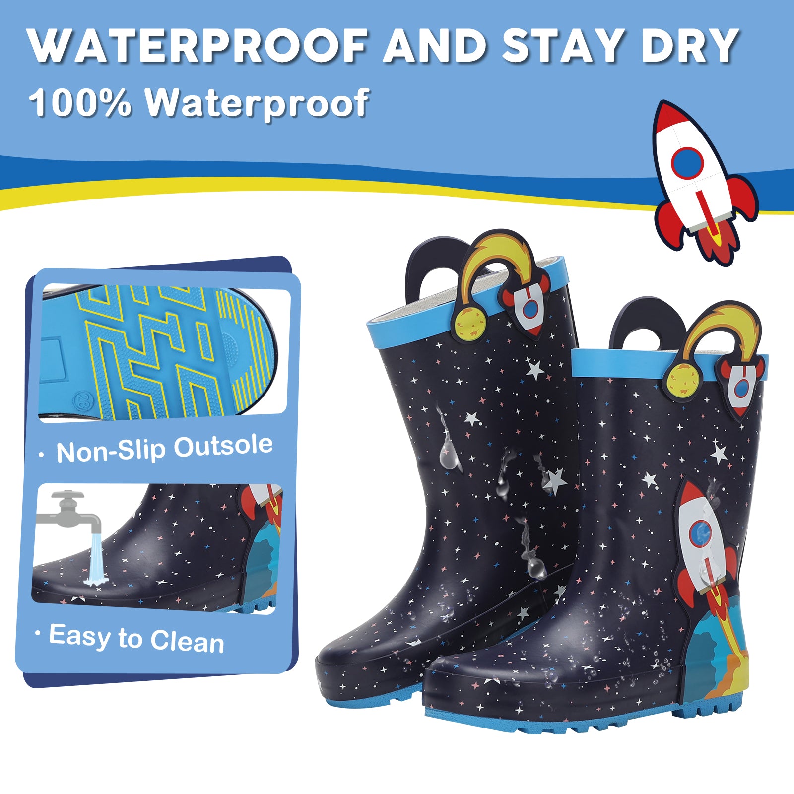 Toddler Kids  Jet Rocket Rubber Rain Boots