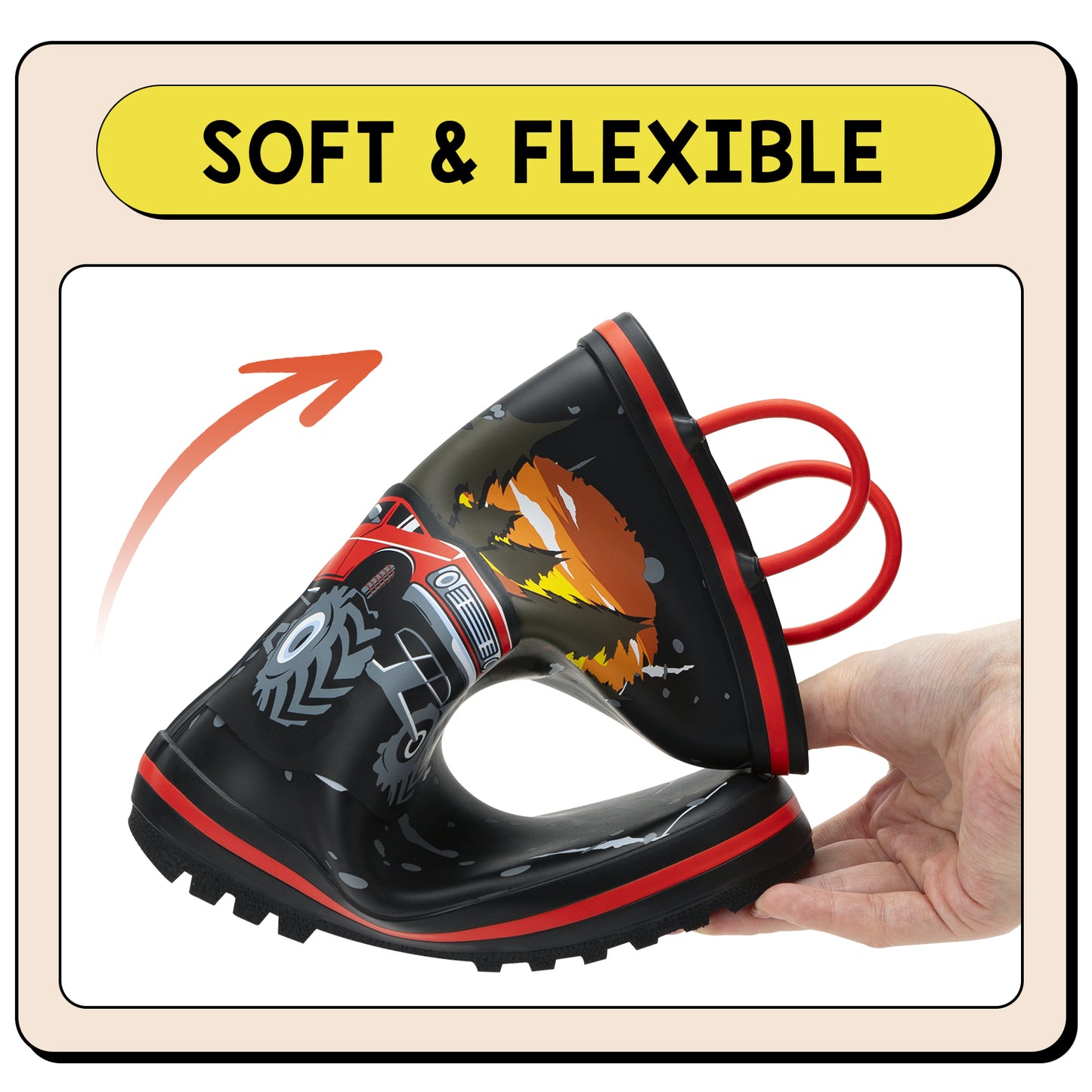 black and red shoe with a hand holding it, labeled 'soft & flexible'.