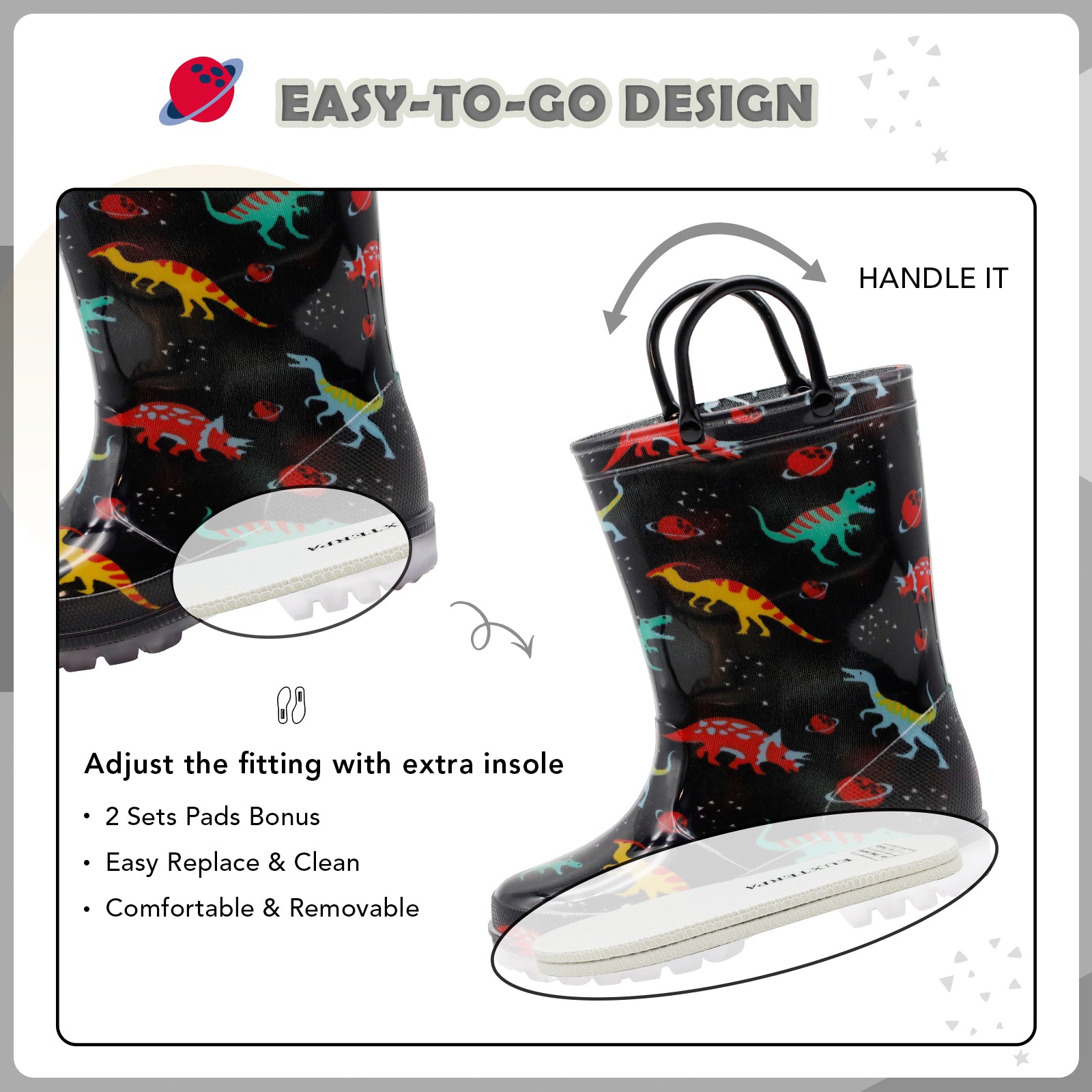 Light Up Kids Rain Boots with Handles - FUNCOO