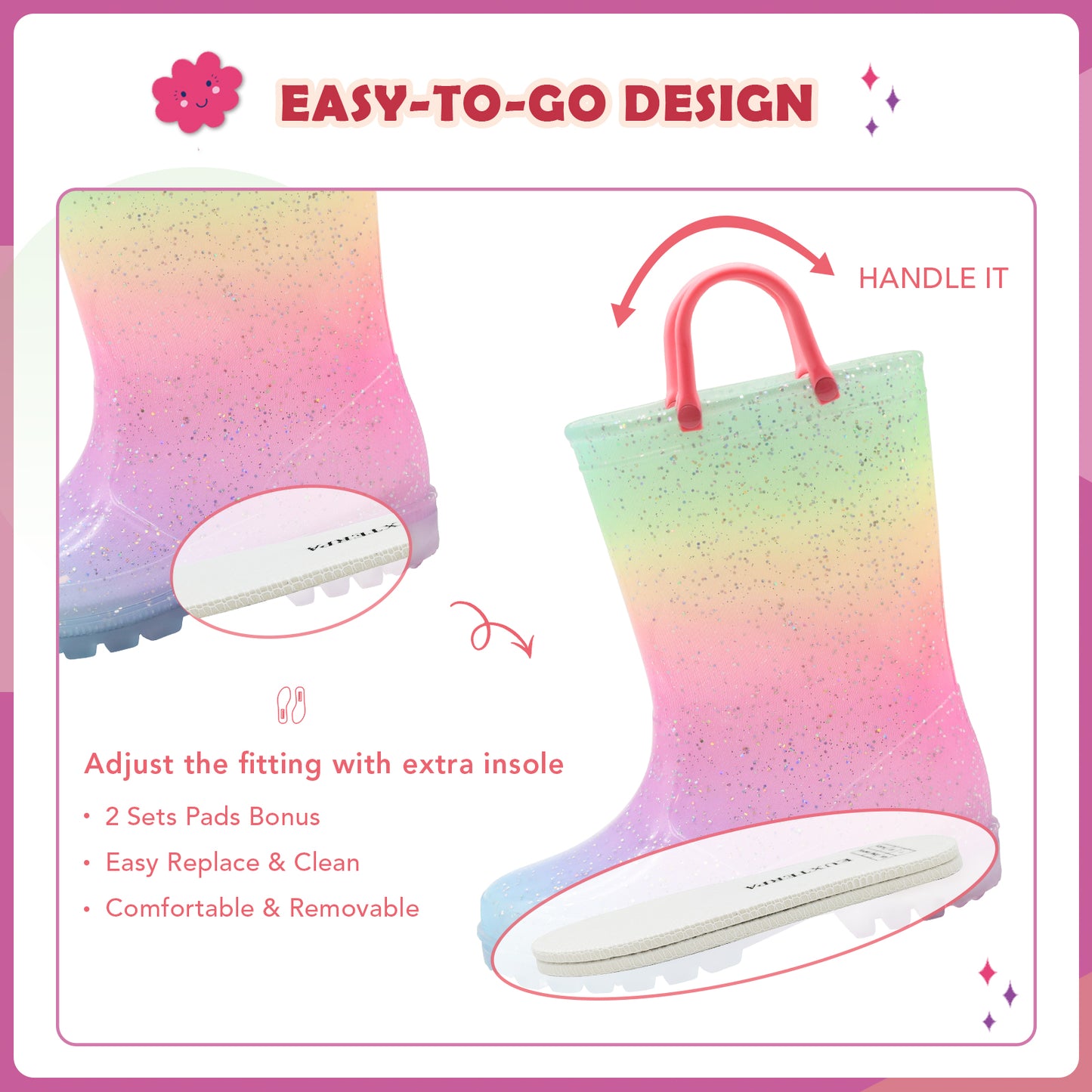 light up kids rain boots with handles