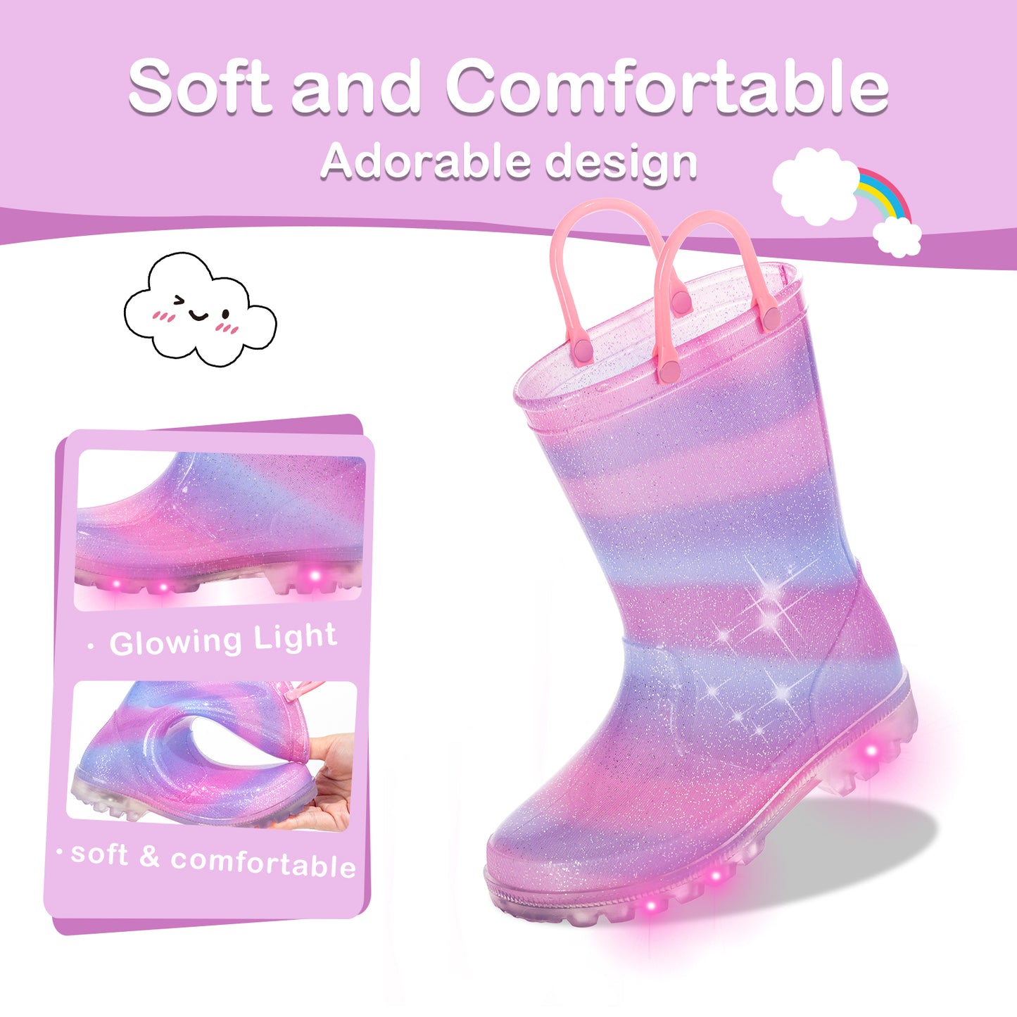 light up pink-purple gradient rain boots