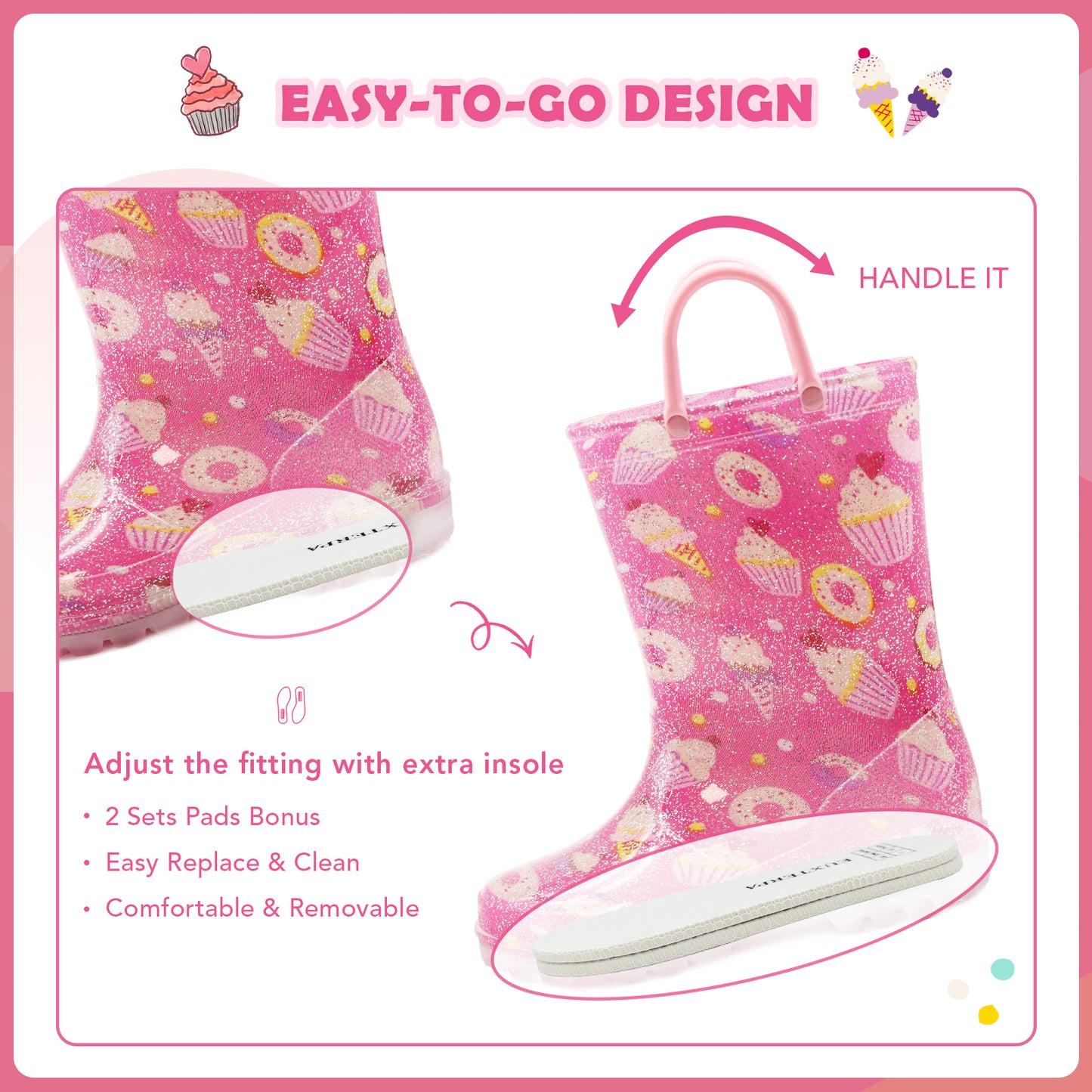 light up glitter pink donut kids rain boots