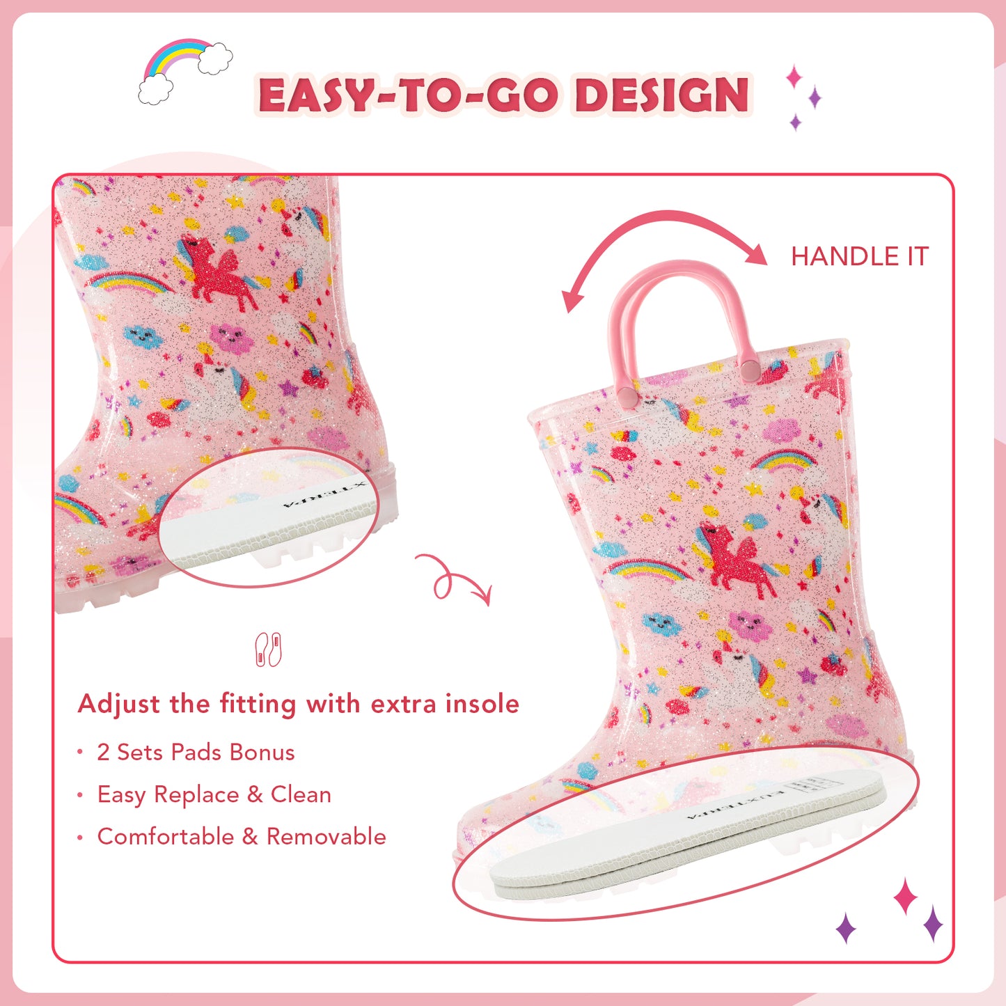 light up glitter pink unicorn kids rain boots with handles