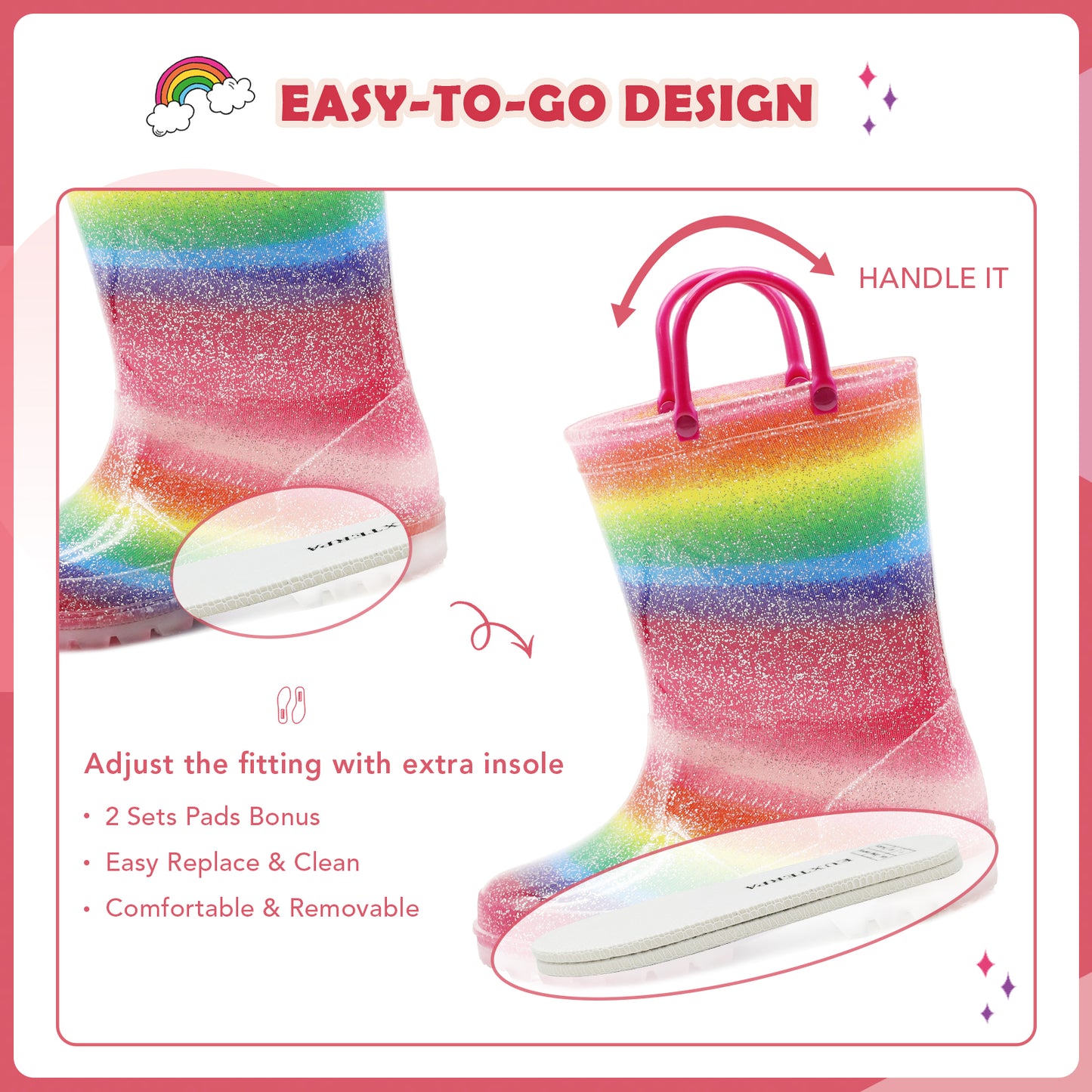 light up kids rain boots with handles - funcoo