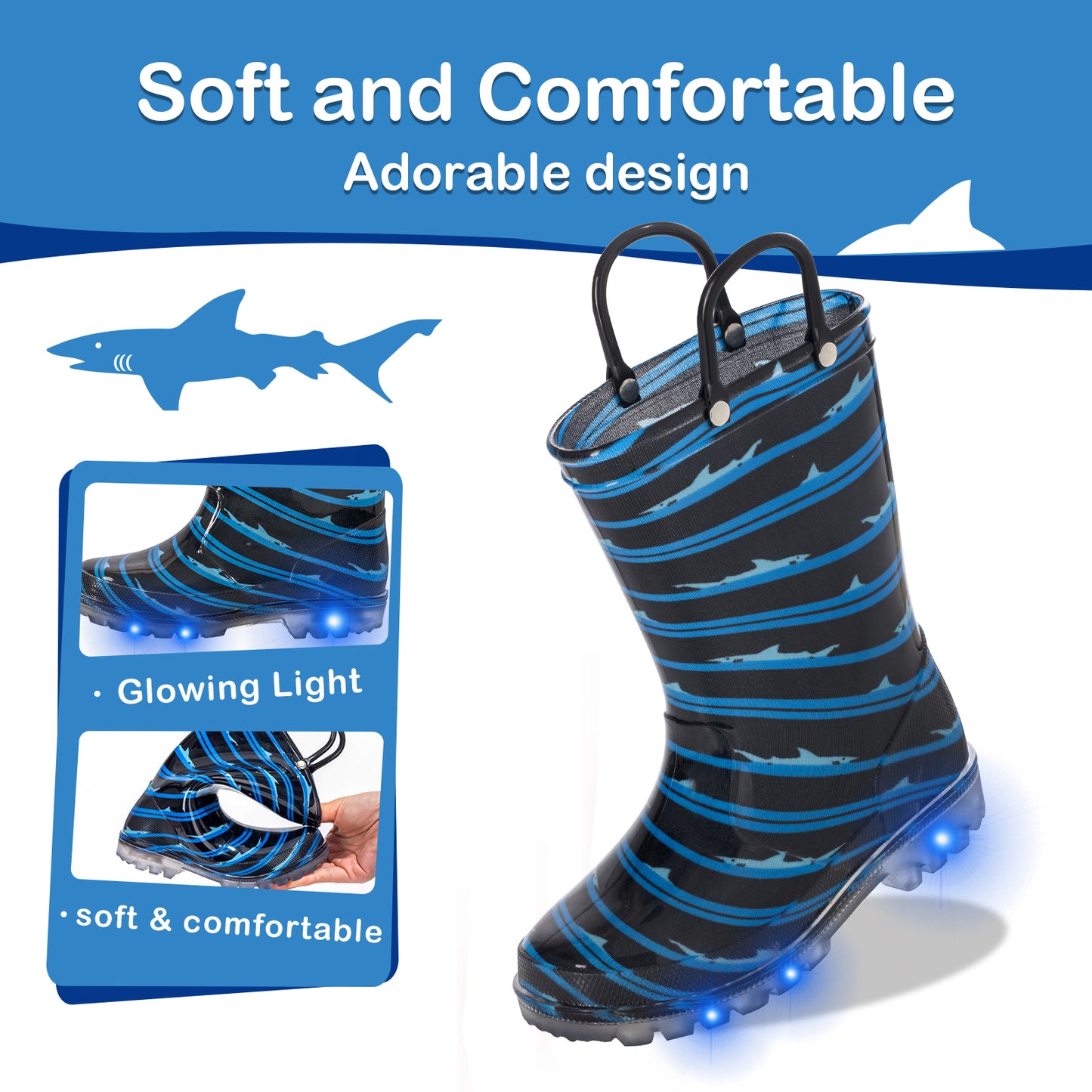 light up blue black shark rain boots