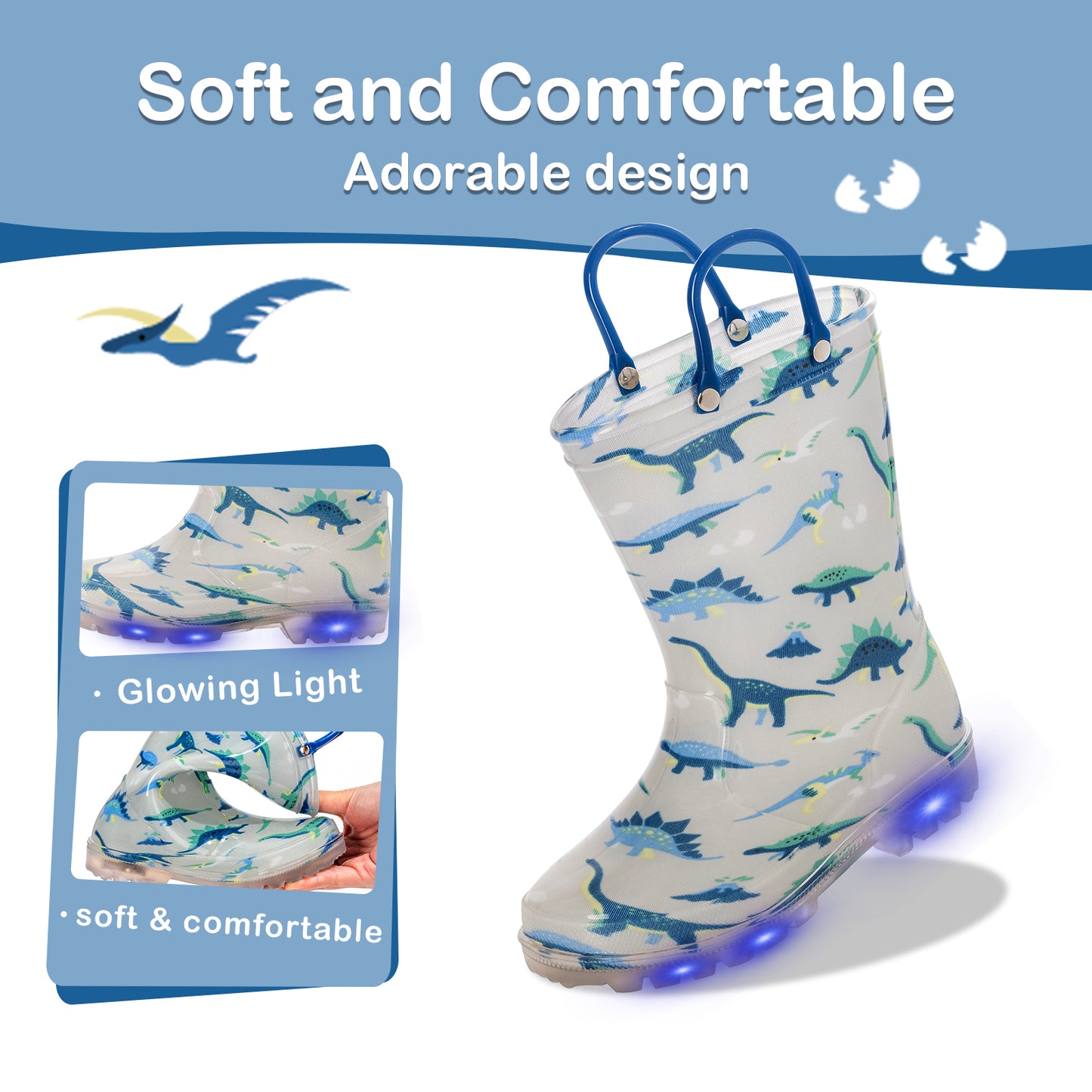light up kids rain boots with handle - funcoo