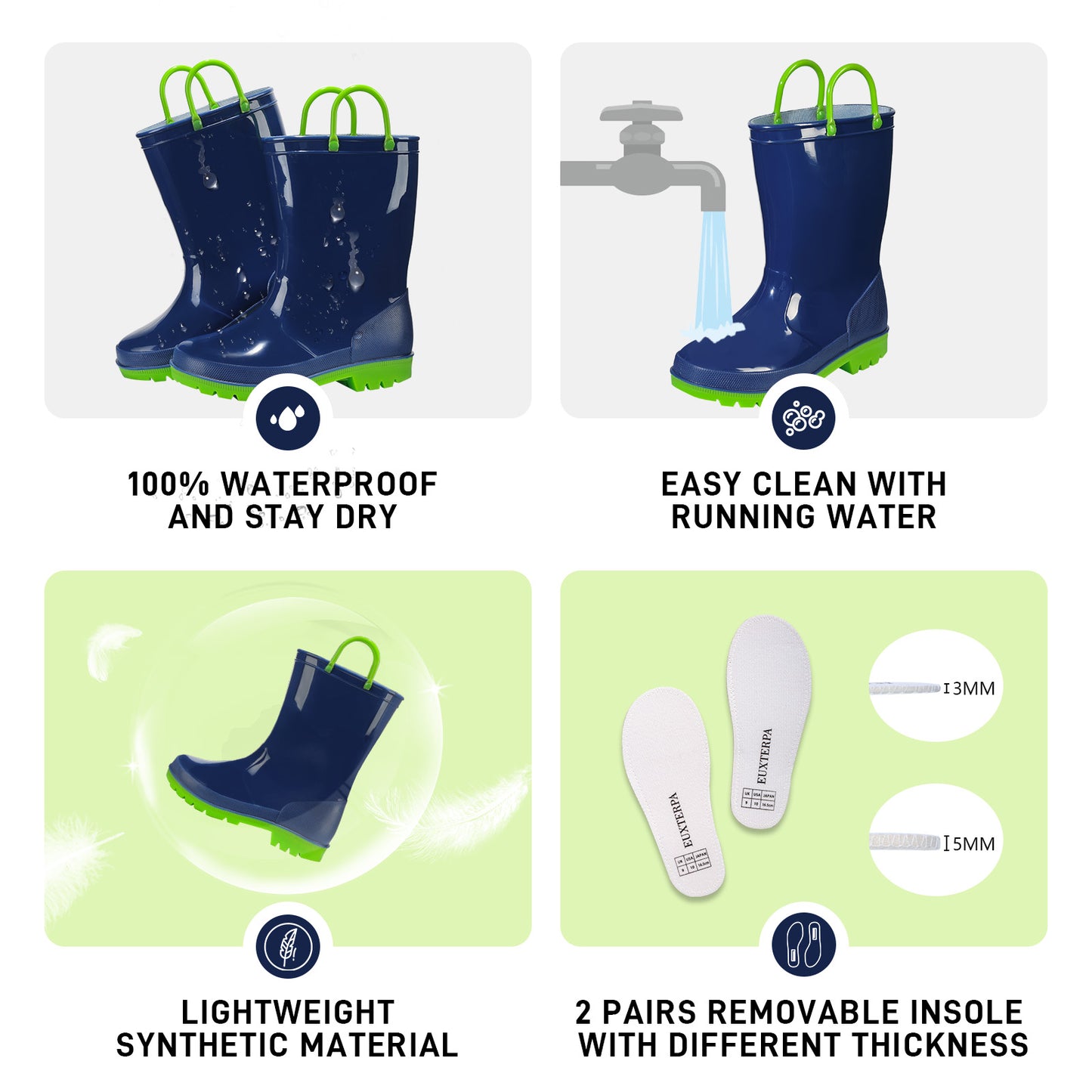 toddler kids navy green contrast rain boots