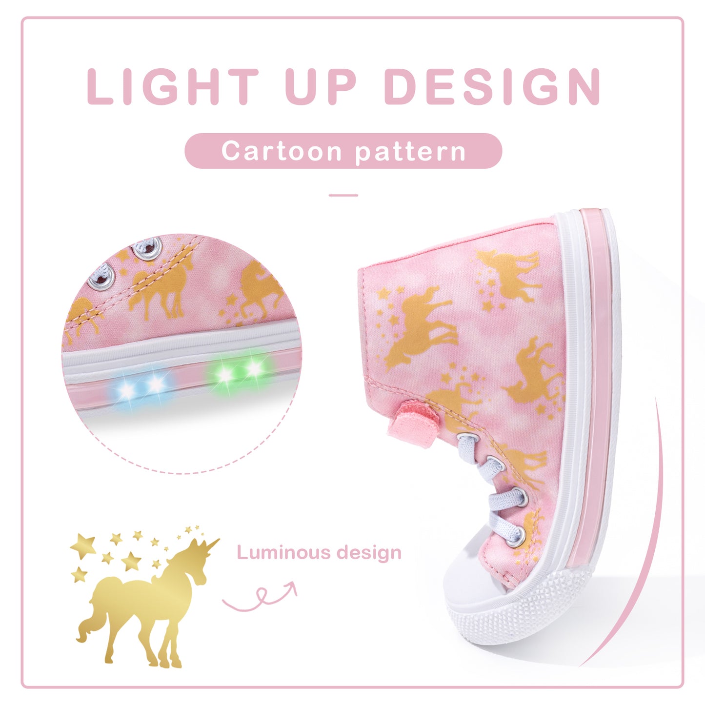 velcro glod unicorn light up high top sneakers