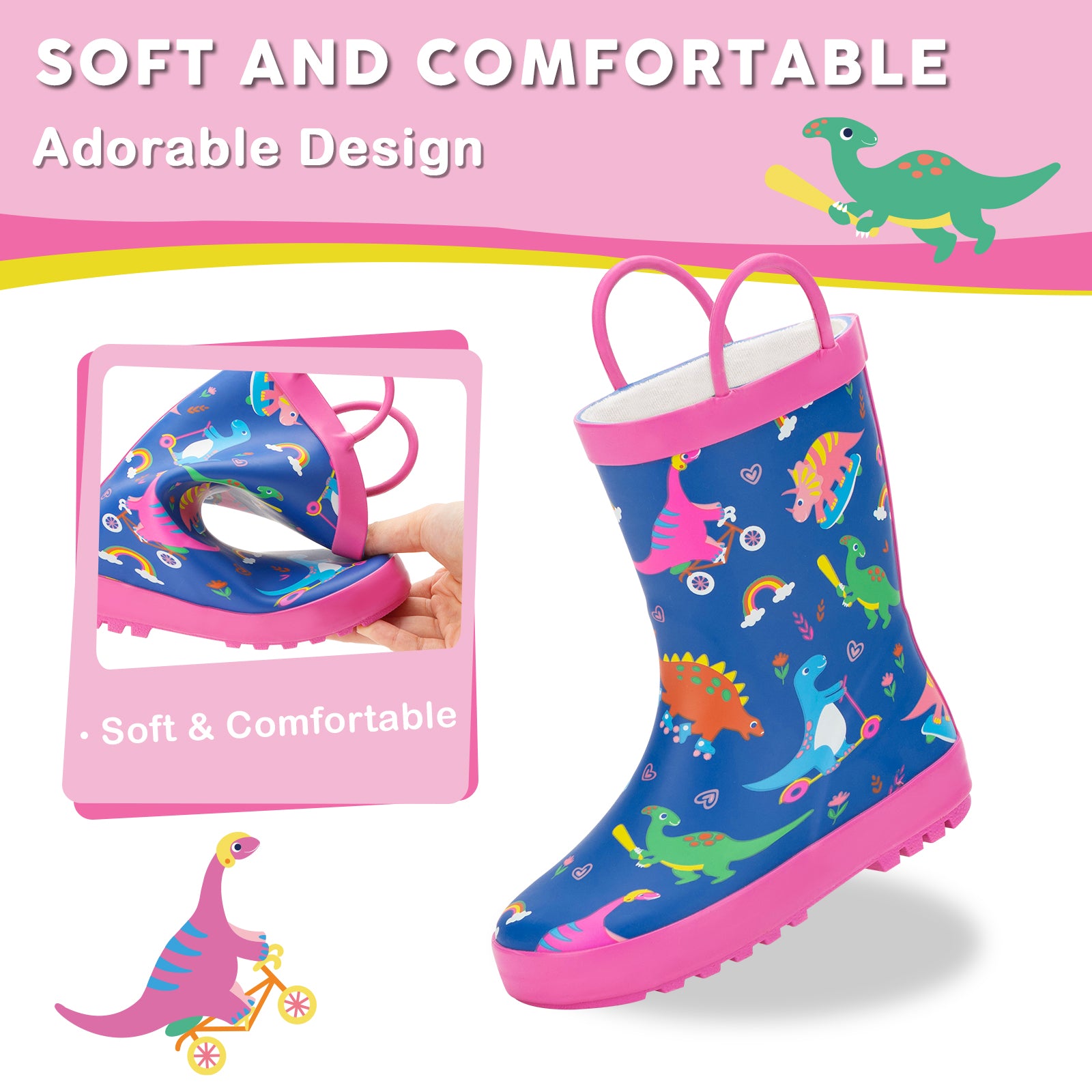 Toddler Kids  Girl Dinosaur Outdoor Sports Rubber Rain Boots