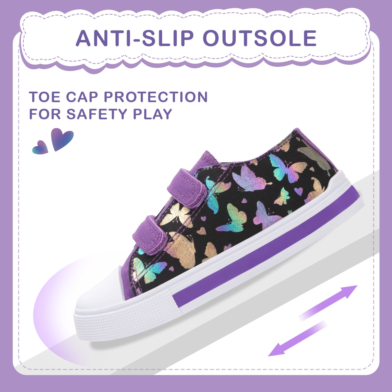 Children's sneaker with butterfly pattern and purple accents on a light purple background