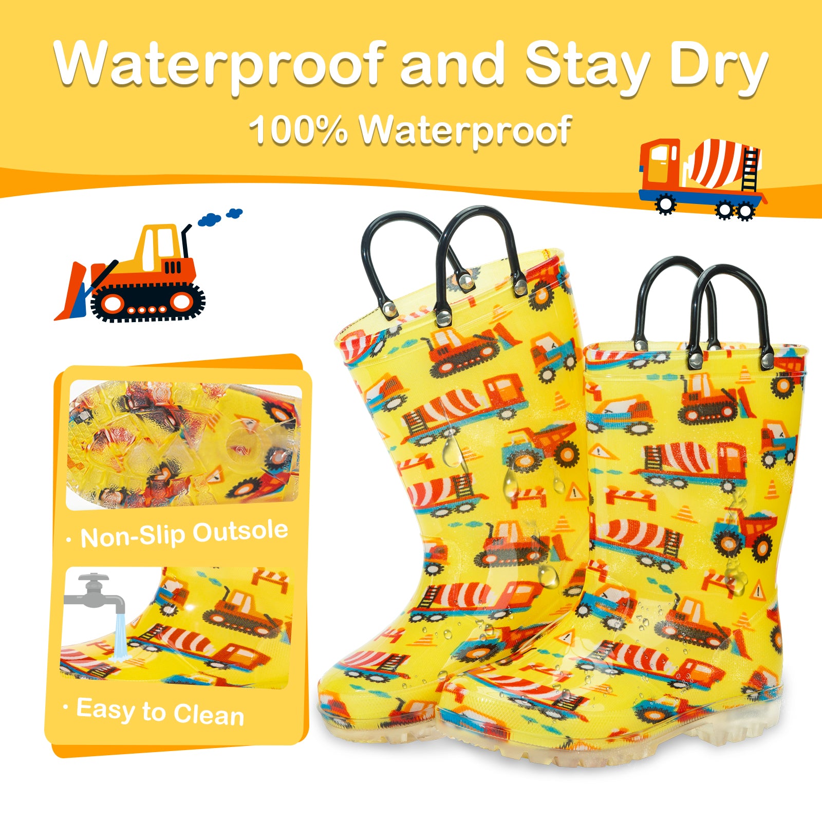 Children's rain boots with construction vehicle pattern on a yellow background, featuring text about waterproof properties.